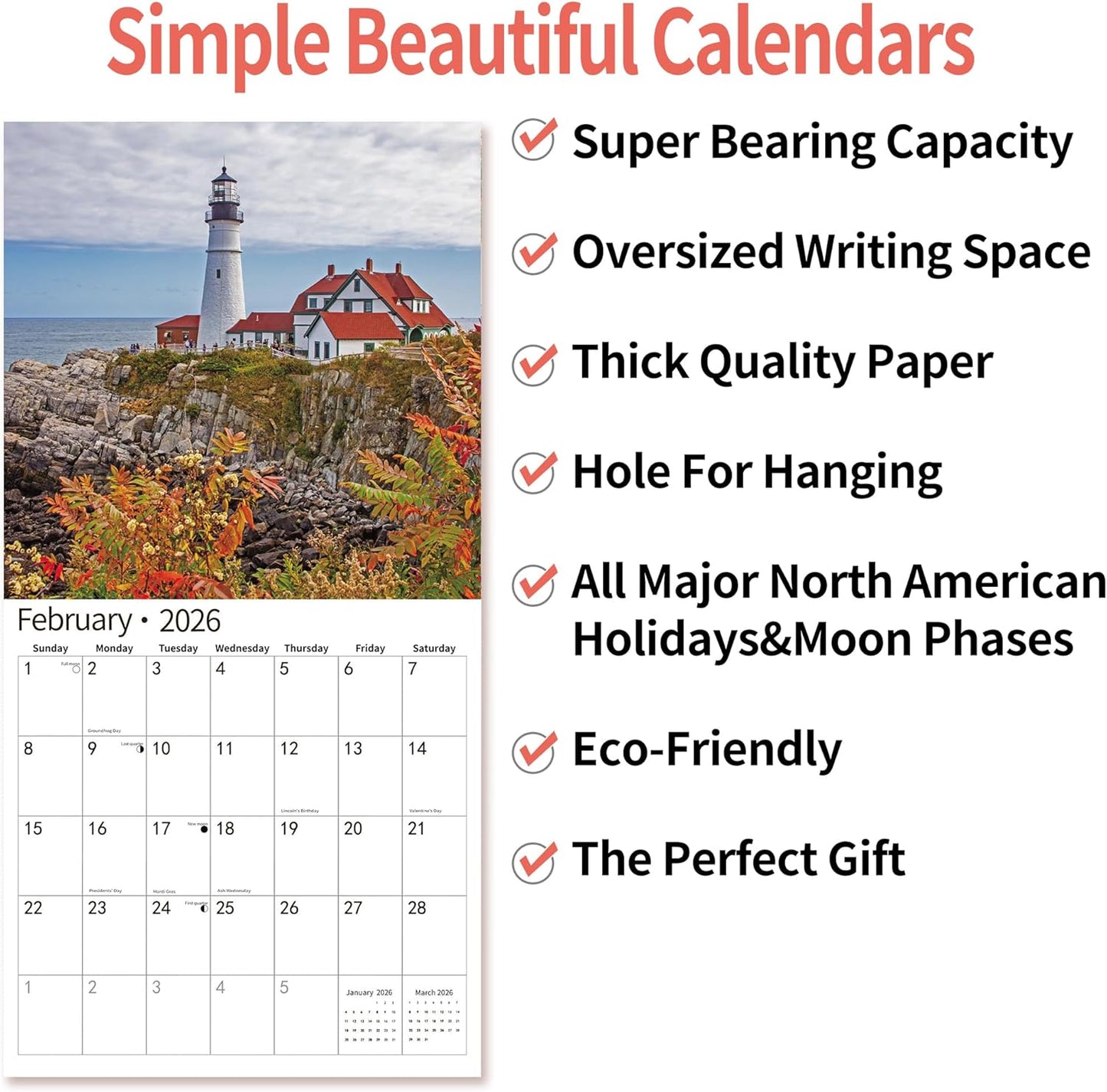 2025 Wall Calendar,Calendar 2026, July 2025 - December 2026, Wall Calendar Lighthouses, 12" x 24" Opened,Full Page Months Thick & Sturdy Paper for Calendar Organizing & Planning