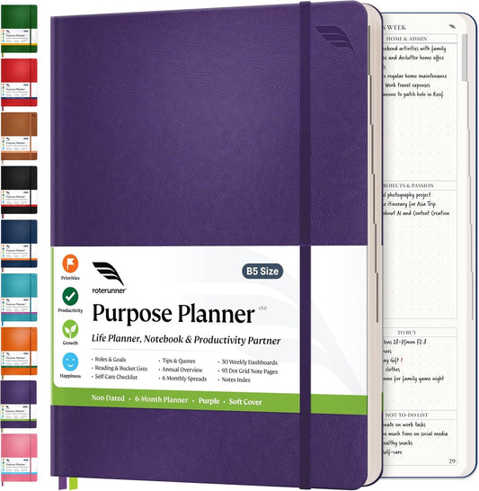 Roterunner Purpose Planner Notebook B5 7.5”x9.8” Undated Planner 2025 Daily Weekly and Monthly Productivity Goal Setting Tool for Work Home ADHD Planner for Adults Self Care Journal (Purple Softcover)