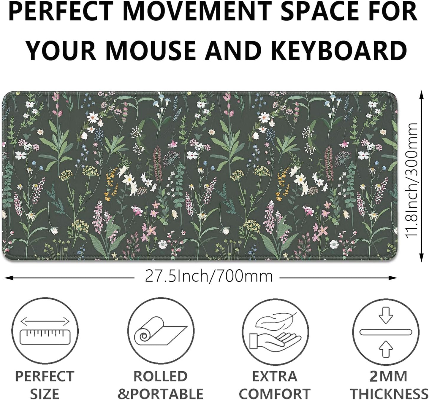 Green Plant Floral Mouse Pad,Large Flowers Mousepad Desk Pad with Stitched Edges,Non-Slip Waterproof Rubber Base Mouse Mat for Office Computer Keyboard Laptop Home(27.5x11.8 in)