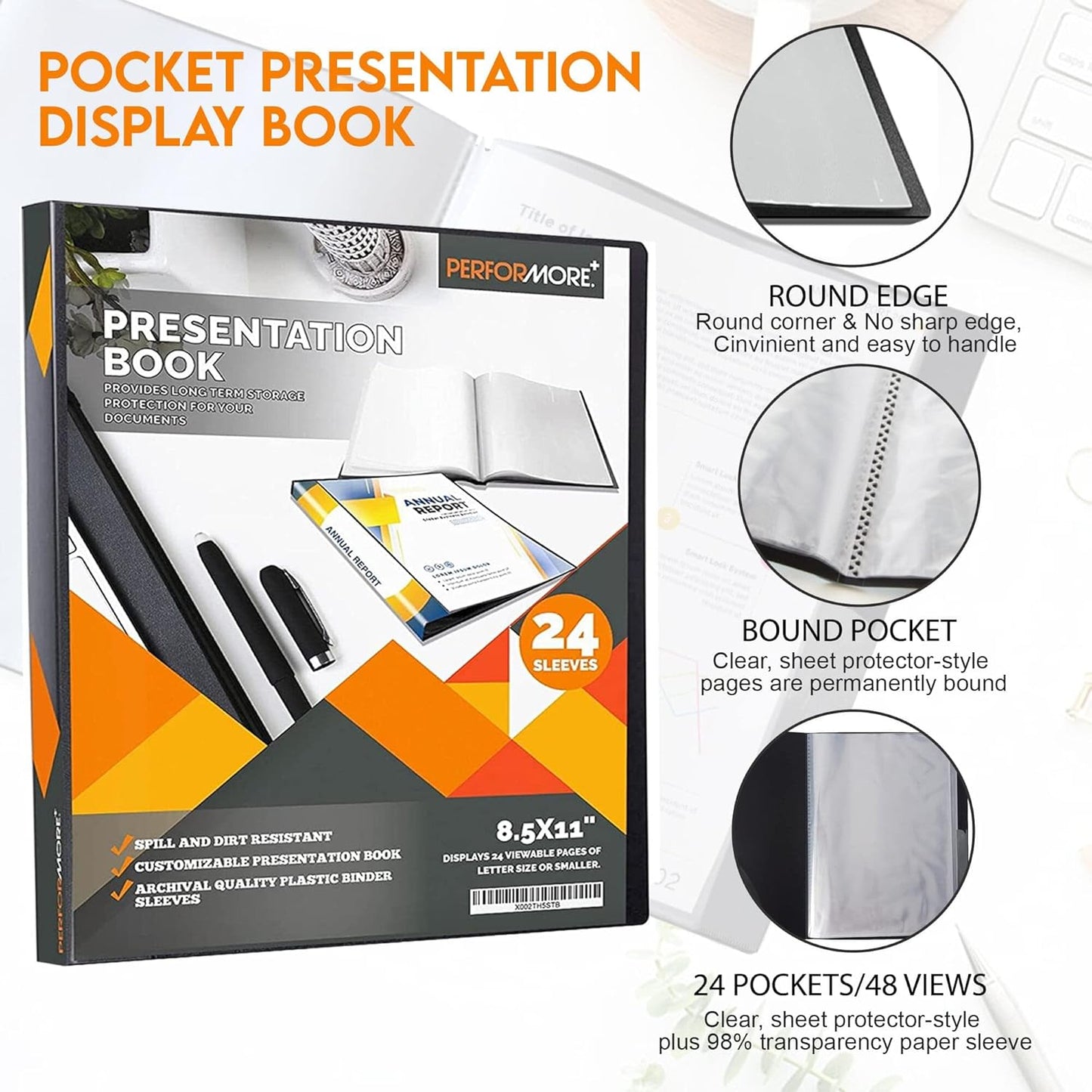 PERFORMORE Presentation Folder, 24 Pocket Presentation Display Book (Black) with Plastic Sleeves, 48 Pages Capacity for 8.5" X 11" Sheet Size Paper, Portfolio and Sheet Protector Binder (2)
