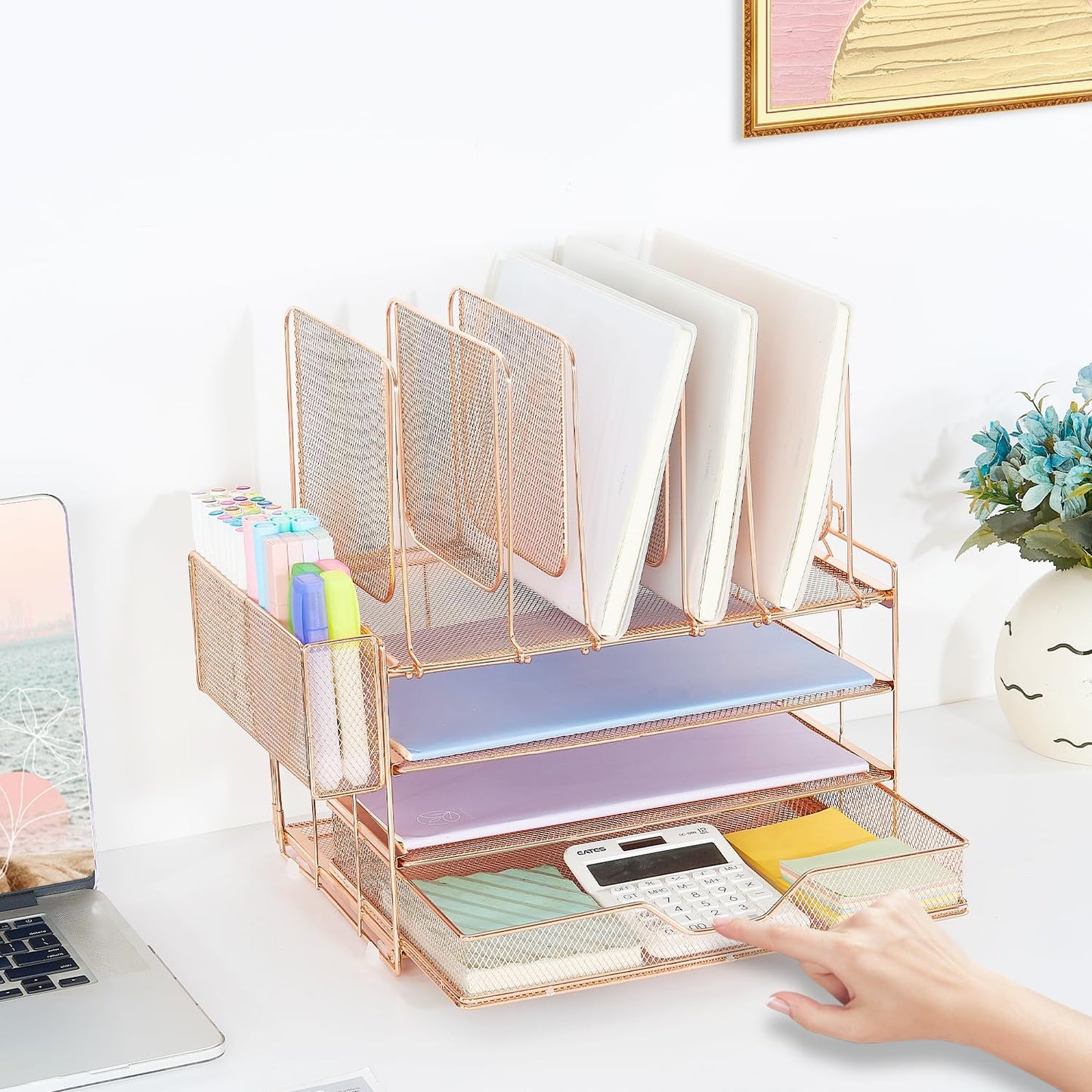 Desk Organizer with 5 Vertical File Holders, 3-Tier Paper Organizer and Drawer, Desk Accessories in Rose Gold