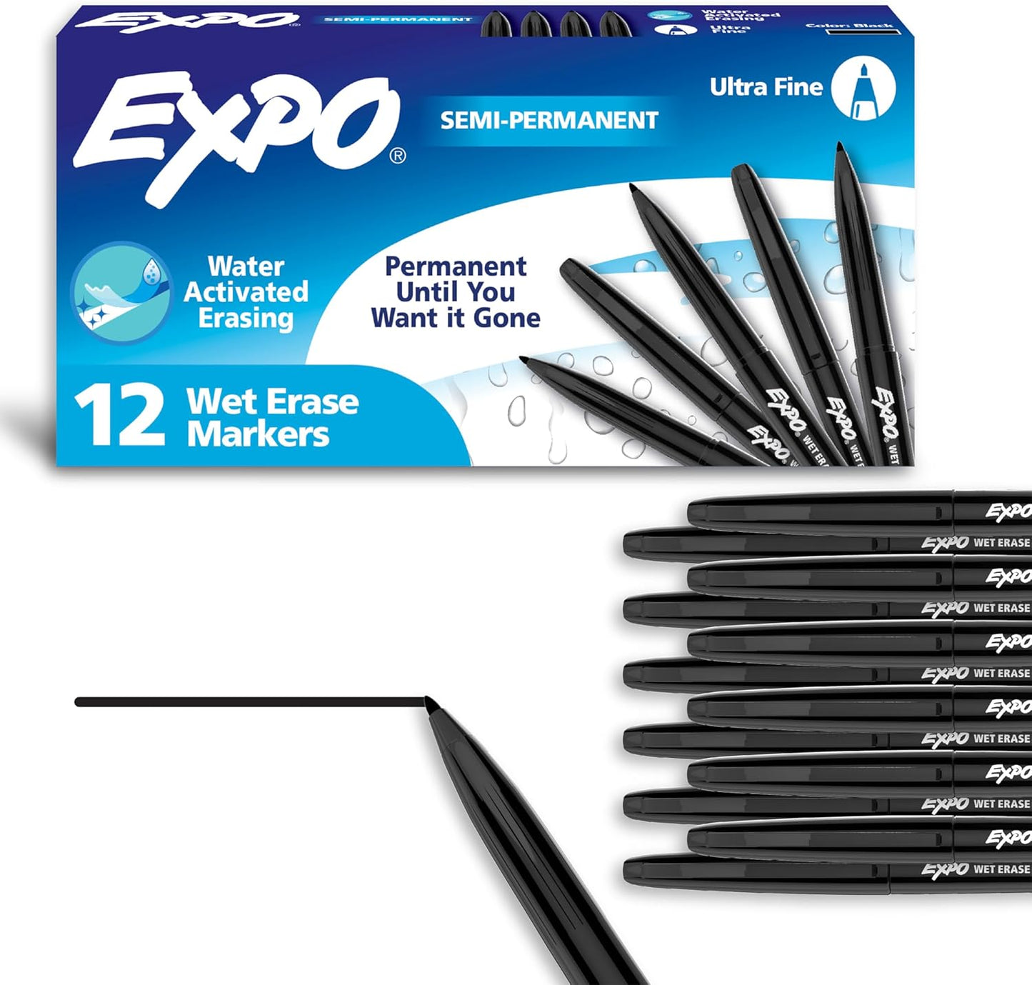 EXPO Visa Vis Wet Erase Markers Fine Point Black 12-Pack Ideal for Classroom and Homeschool Use