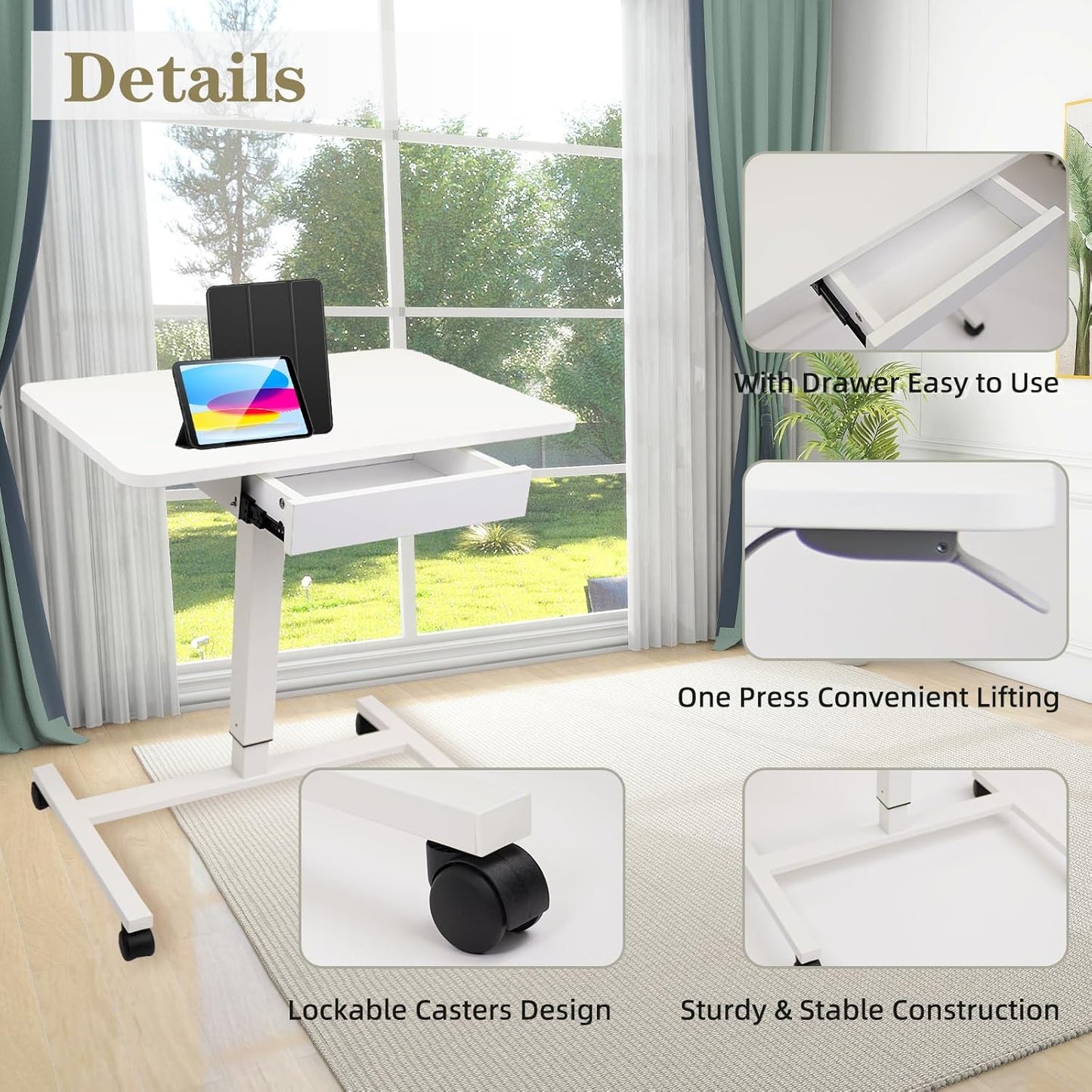 CLATINA Mobile Laptop Standing Desk, Height Adjustable Teacher Podium with Lockable Wheels, Adjustable Work Table with Drawer, Computer Cart Overbed Table for Home Office Classroom, White