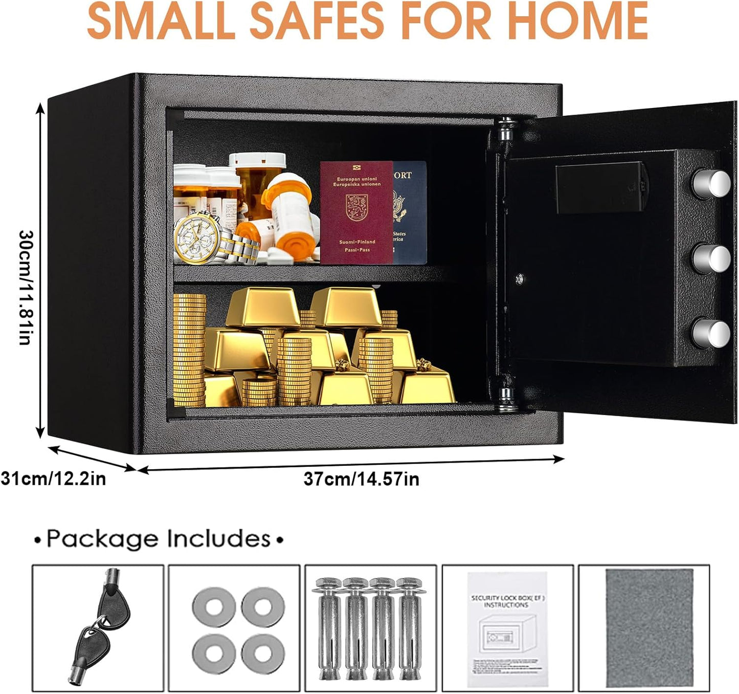 1.5 Cub Fireproof Safe for HOME USE, Anti-Theft Digital Security Safety Box with Electronic Keypad, Spare Keys and Removable Shelf, Home Safe Box Fireproof Waterproof for Money Medicine Document