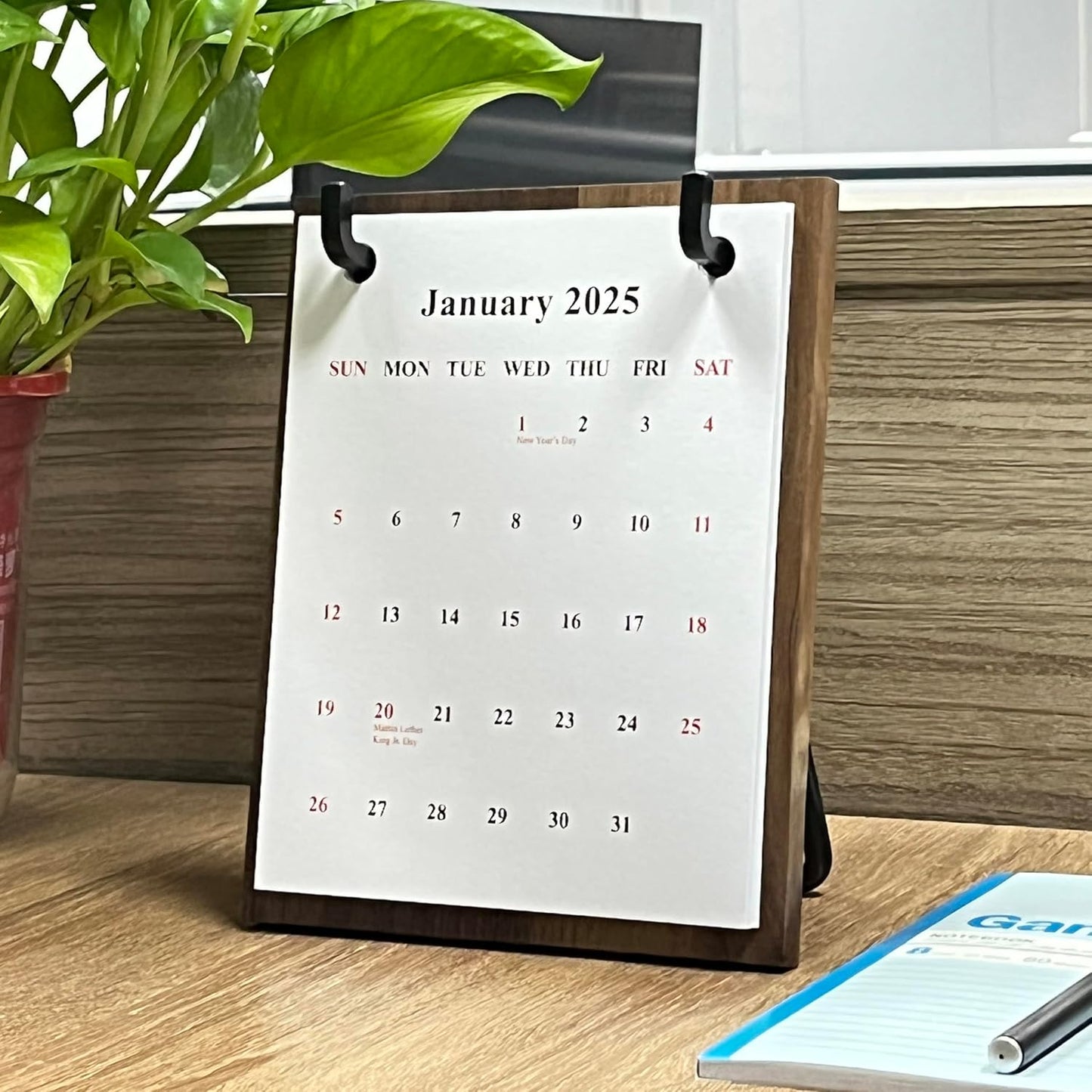 2025 2006 Retro Desktop Calendar Tabletop Decoration Calendar Walnut Wood Calendar with Iron Brackets Suitable for Office Business Home (Black Walnut)