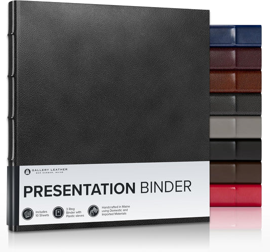 Gallery Leather 3 Ring Binder with Plastic Sleeves, Includes 10 Sheets, Sheet Size: 8.5" x 11" - Presentation Binder Rings with Hubbed Spine, Thick: 1.25" Belfast Black