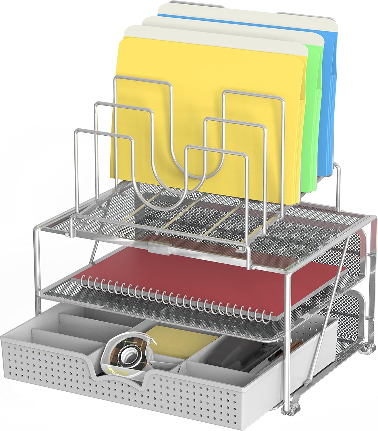 DecoBrothers Desktop File Organizer with Double Tray and 5 Folder Stand, Silver