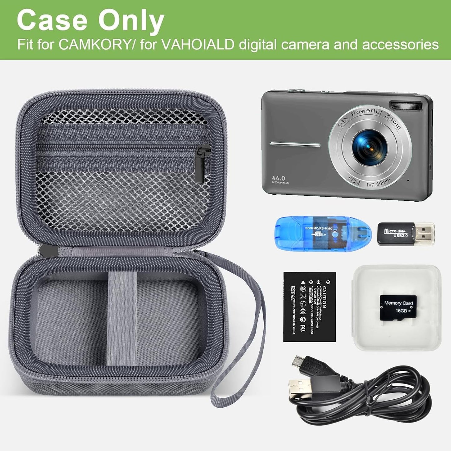 Digital Camera Case Compatible with VAHOIALD FHD 1080P/ for CAMKORY Digital Point and Shoot/for KODAK PIXPRO FZ45-BK 16MP Vlogging/for IWEUKJLO/for Nsoela, Holder for SD Card More- Grey (Box Only)