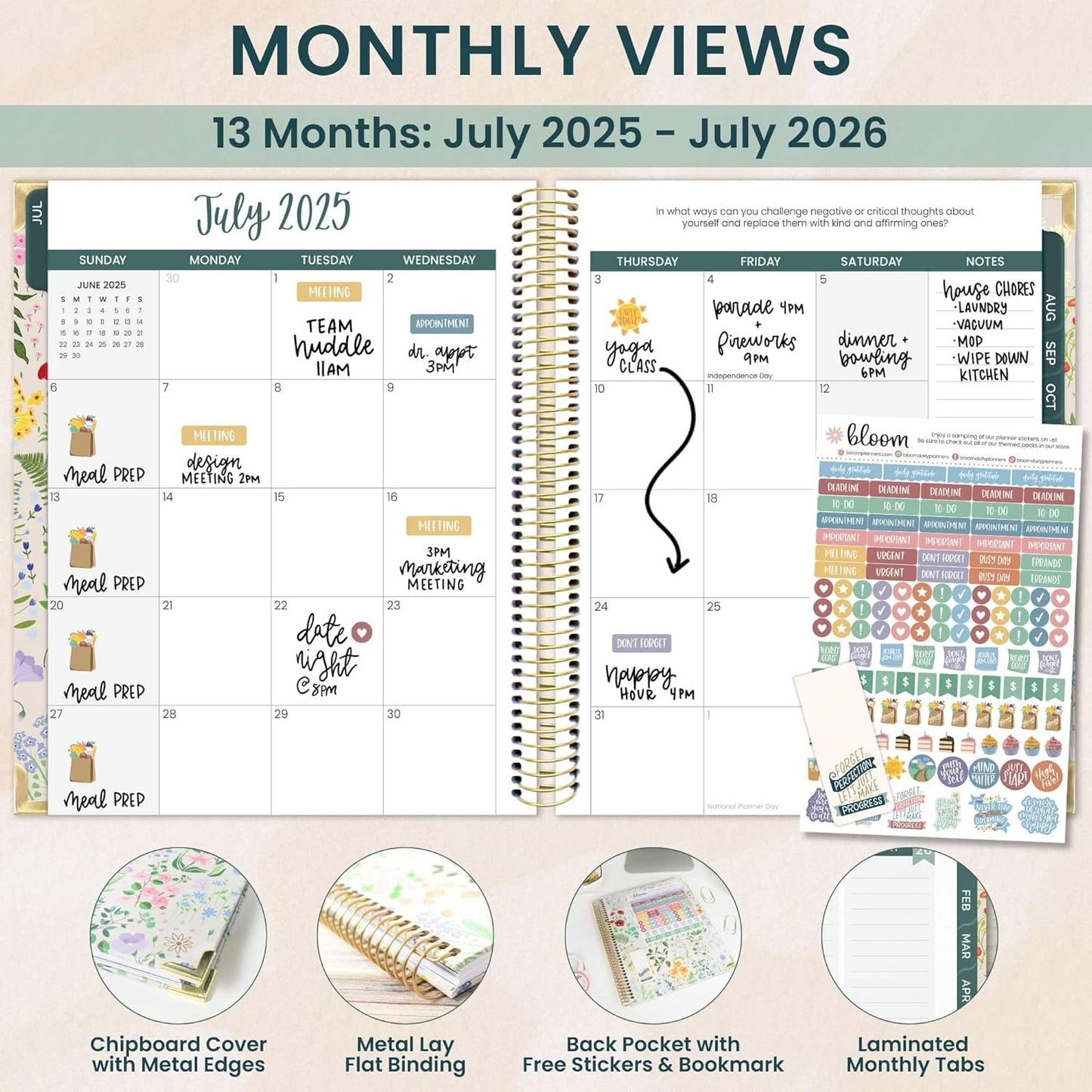 bloom daily planners 2025-2026 Hardcover Academic Year Goal & Vision Planner (July 2025 - July 2026) - Monthly & Weekly Calendar Agenda Organizer - 7.5" x 9" - Garden Party, Beige