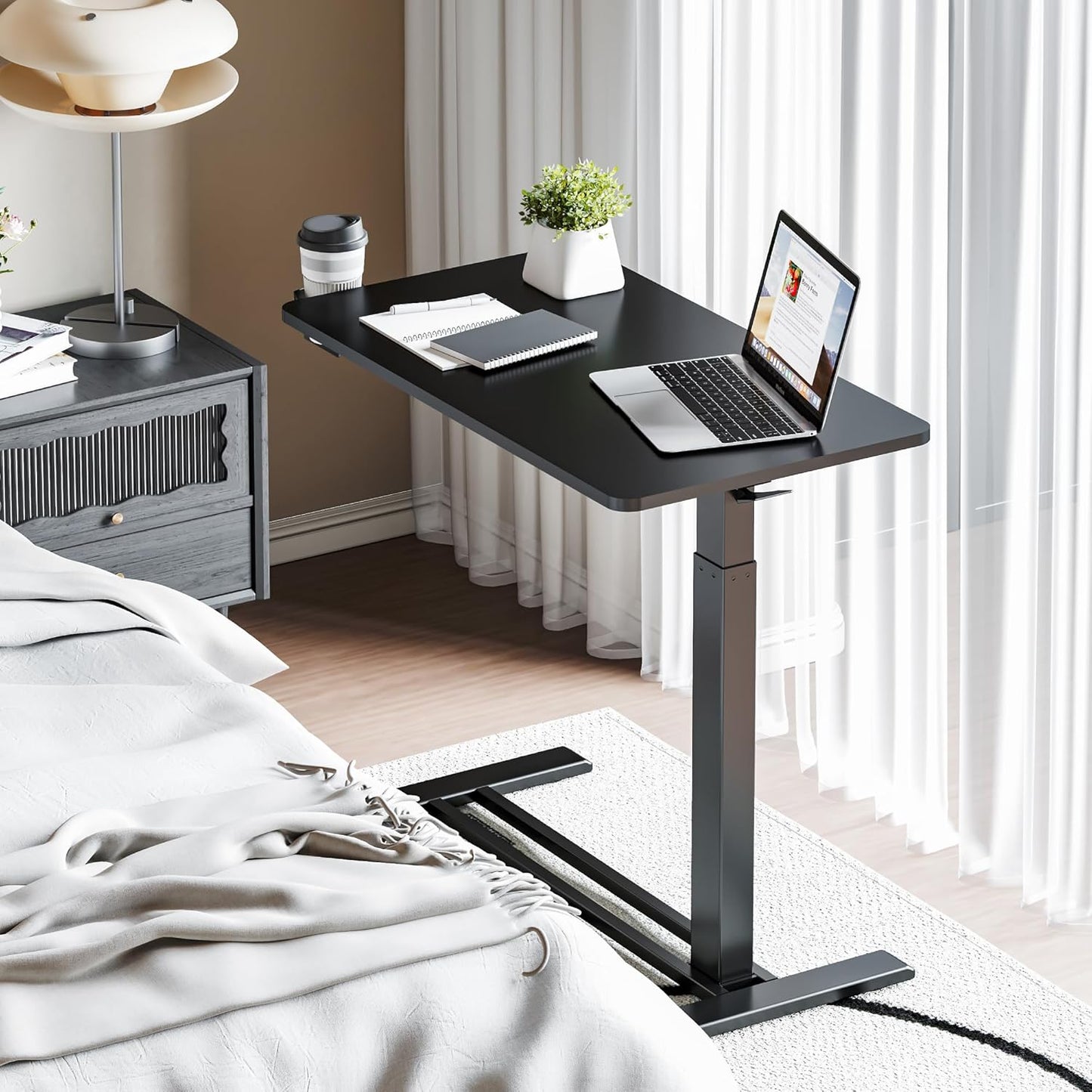 FLEXISPOT Mobile Standing Desk with Wheels Pneumatic Laptop Desk Rolling Computer Cart Movable Height Adjustable Small Sit Stand Workstation Home Use (31.5" W x 17.7" D, Black)