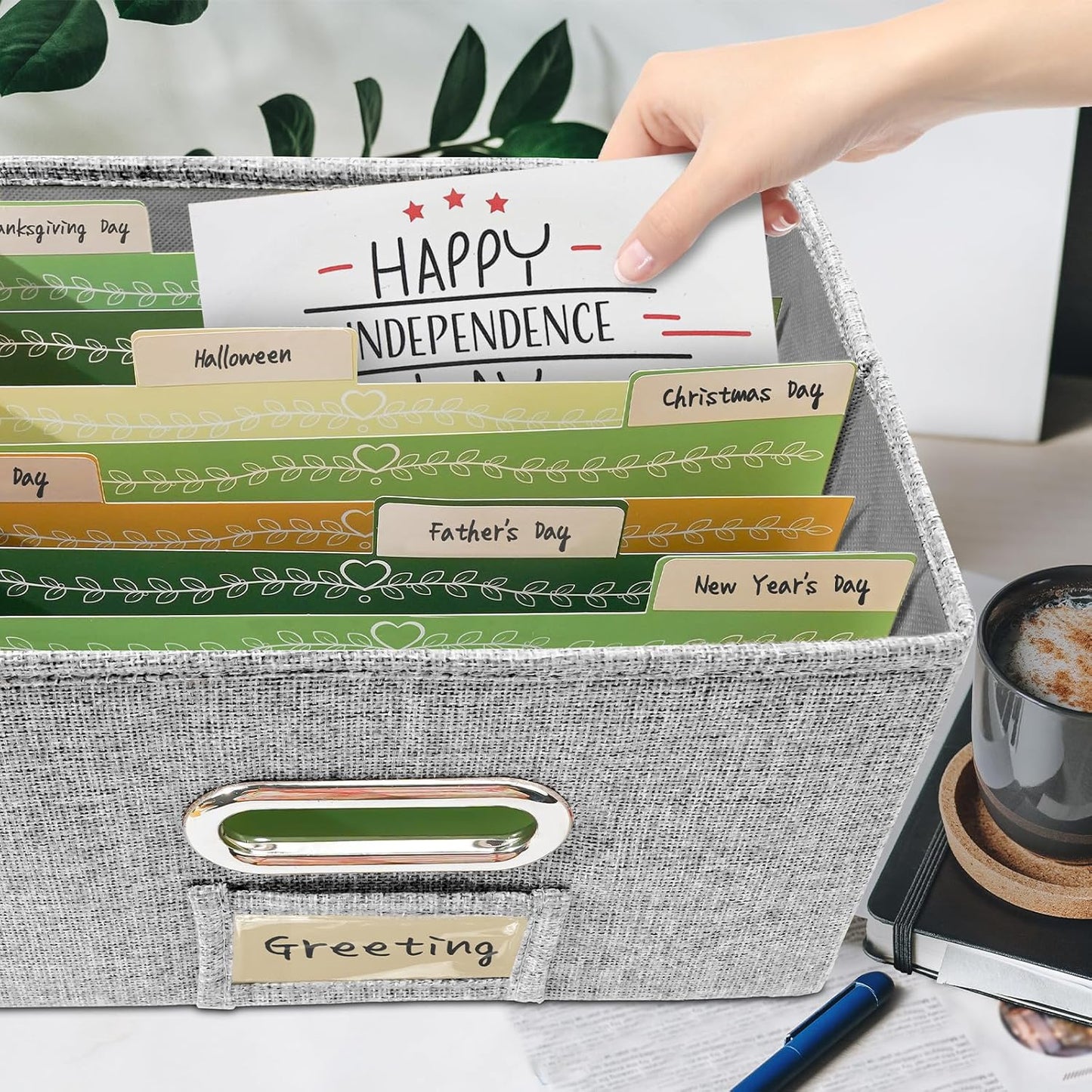 Vienrose Greeting Card Organizer 1 Pack, Storage Box with 20 Adjustable Dividers, Foldable Organizer Box Holds over 150 Cards, Storage Stickers Recipes Photos Envelopes Bills Vinyl Records, Grey