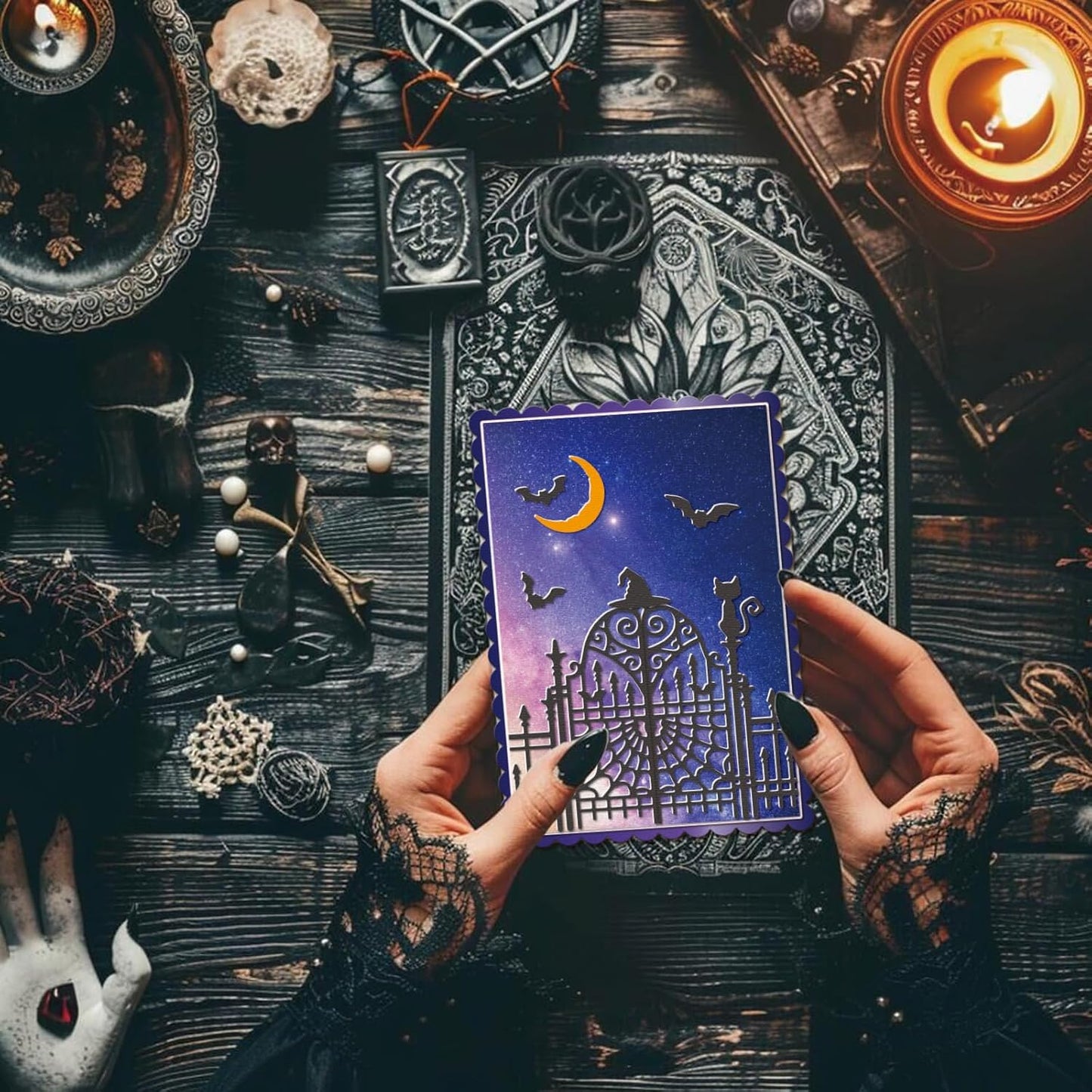 GLOBLELAND Halloween Gate Cutting Dies for Card Making Witch and Cat Cut Die for DIY Scrapbooking Journal Embossing Paper Craft Decor