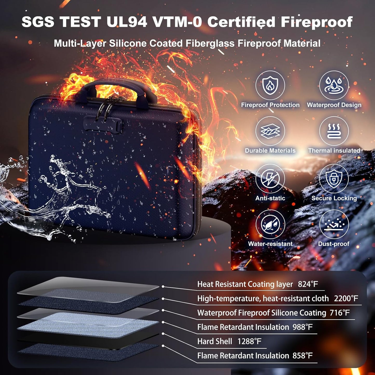 Fireproof Document Box, Hard Case Fireproof File Organizer Box with Lock and 13 Pocket Accordion File Folder, Portable Safe Box for Home Office Travel to Storage Important Documents Laptop Blue