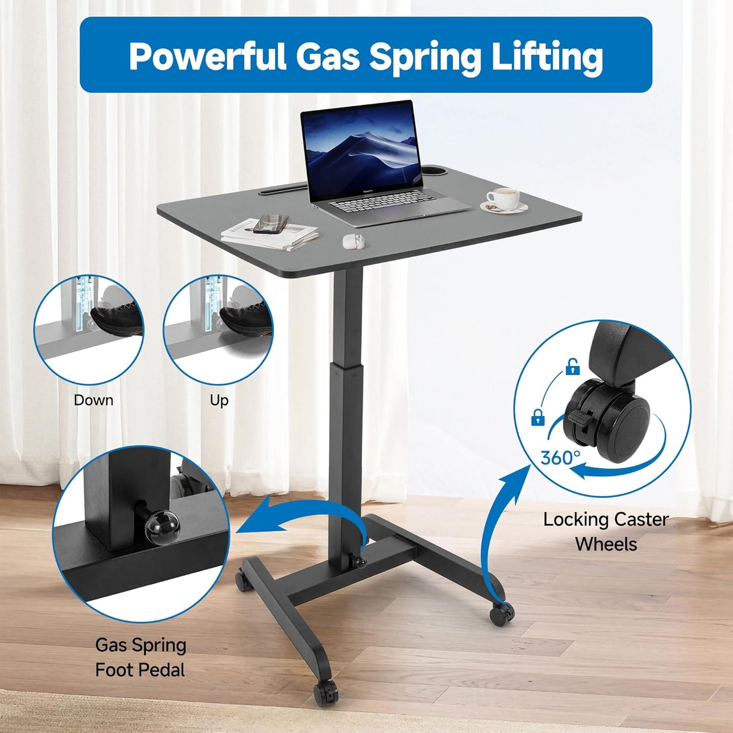 Rolling Laptop Desk Adjustable Height(29.5”- 43.7”)，Mobile Workstation Cart with 31.5" x 22.1"Desktop, Standing Desk Mobile Portable PC Table for Home,Office or Classroom in Black