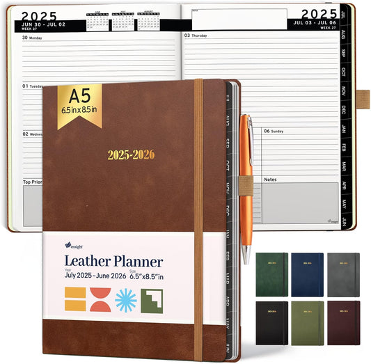 Ensight 2025-2026 HARDCOVER Leather Planner Weekly & Monthly - 6.5x8.5 Inches - Academic Planner Business Personal or Student - Pen Holder, Thick Paper, July 2025 - June 2026 (Brown)