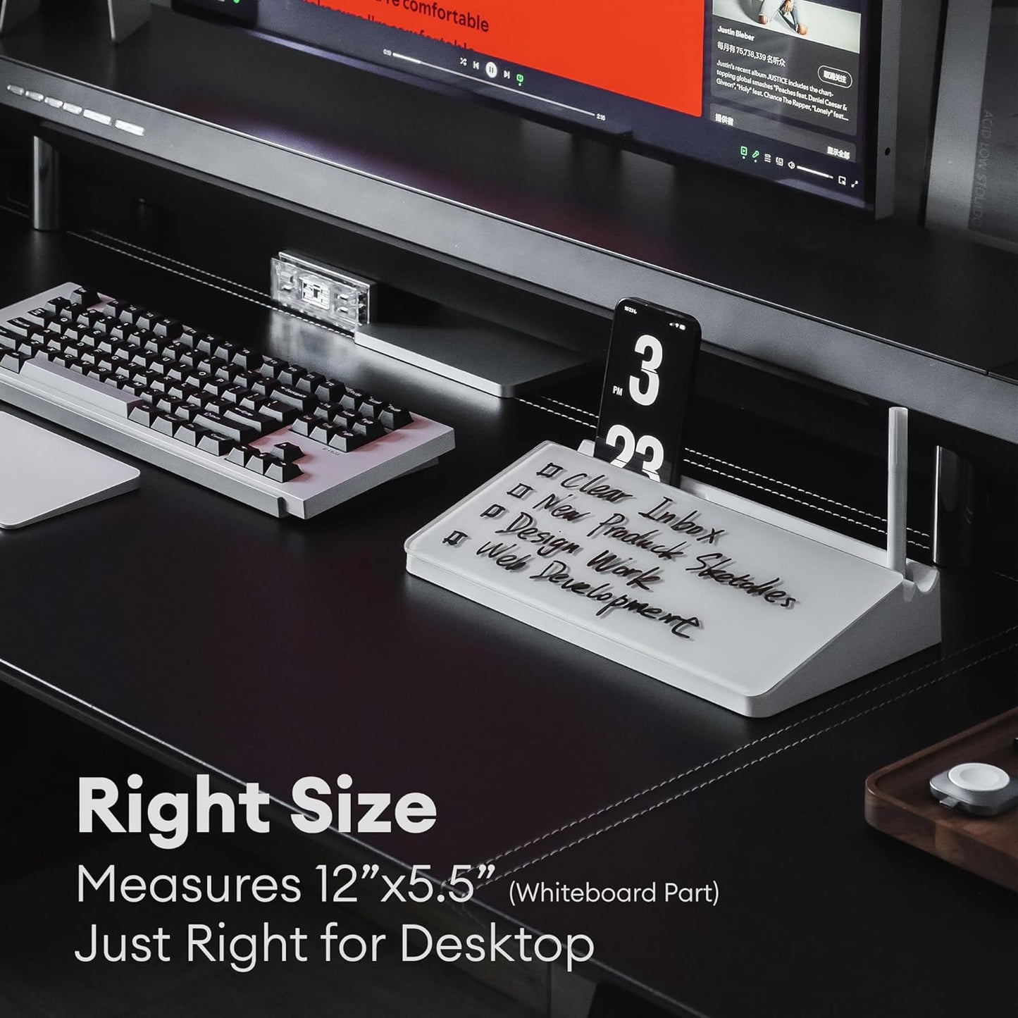 Glass Desktop Whiteboard with Storage 12"x6.5", Glass Whiteboard Desk Dry Erase Board w. 2 Markers,1 Eraser Monitor Mono Board, Office Desk Accessories, Work from Home Essentials