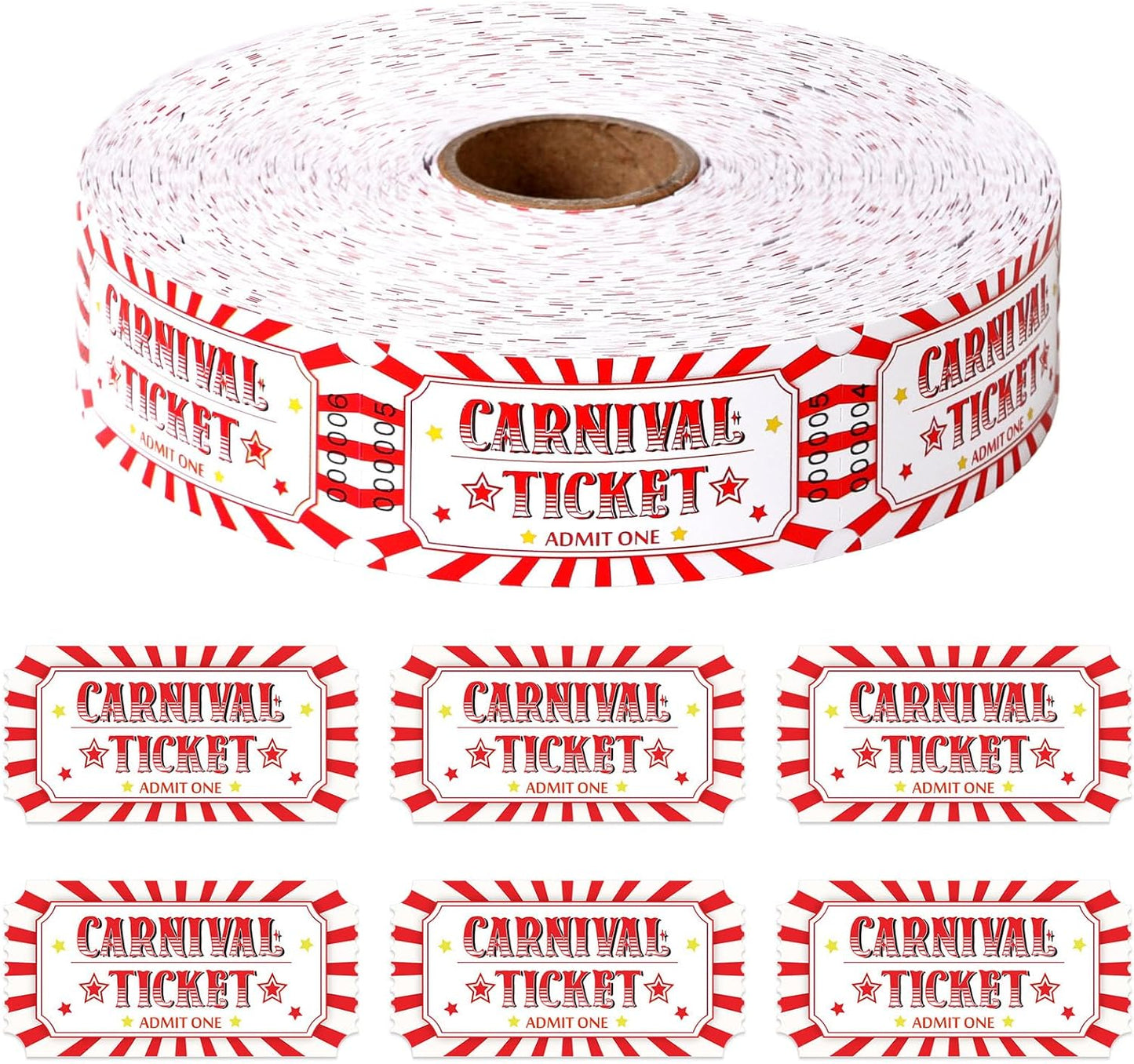 1000 Pcs Carnival Tickets Carnival Theme Party Decorations Circus Red White Color Raffle Tickets Roll Party Ticket for Events Carnival Favors Supplies
