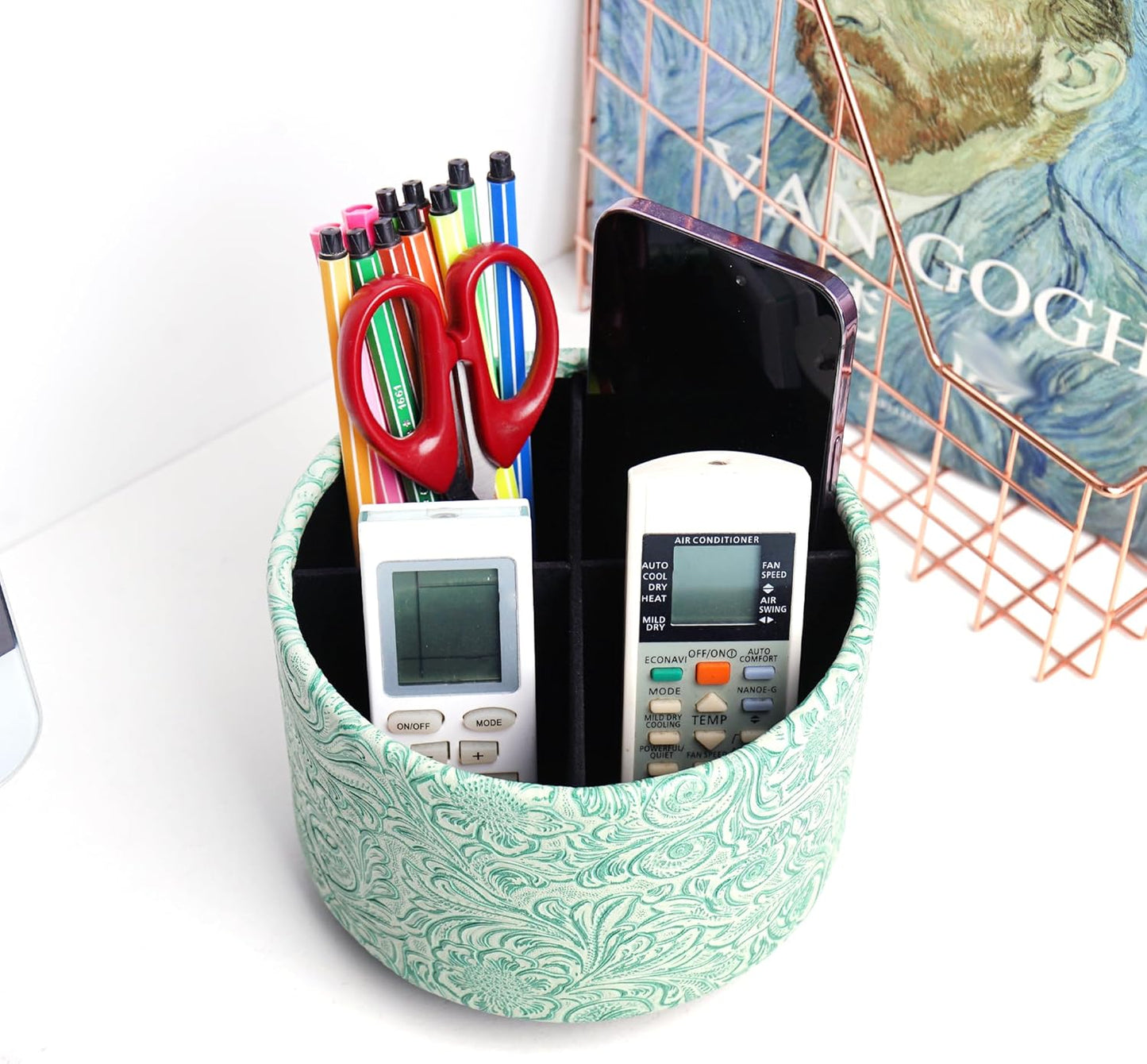 lizimandu Round Leather Art Supply Organizer,Remote Control Holder,360 Degree Spinning,Multi-Functional Pencil Holder,4 Compartments Desktop Stationary Organizer(1-Carved Stone Green)