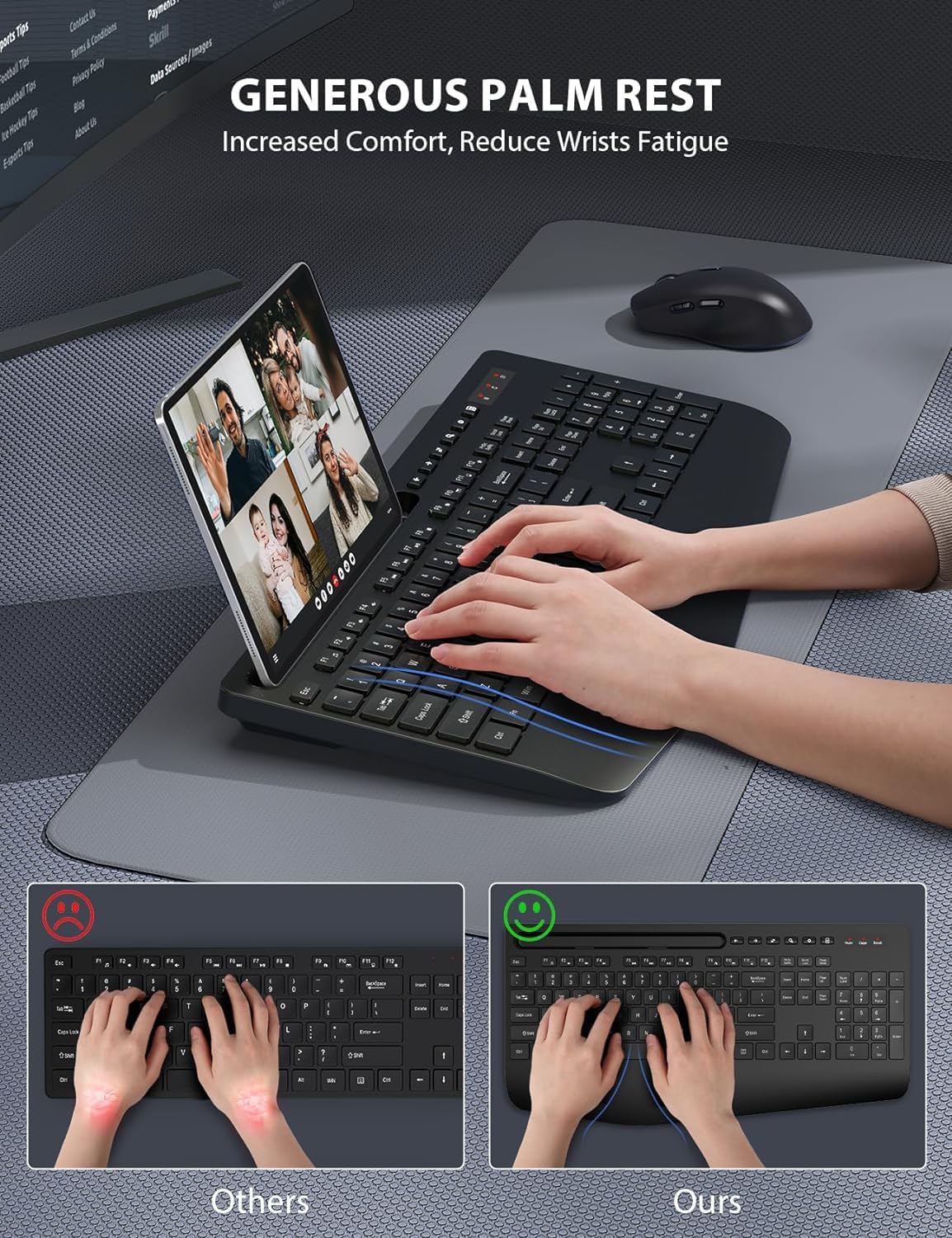 Wireless Keyboard and Mouse Combo - Full-Sized Ergonomic Keyboard with Wrist Rest, Phone Holder, Sleep Mode, Silent 2.4GHz Cordless Keyboard Mouse Combo for Computer, Laptop, PC, Mac, Windows -Trueque