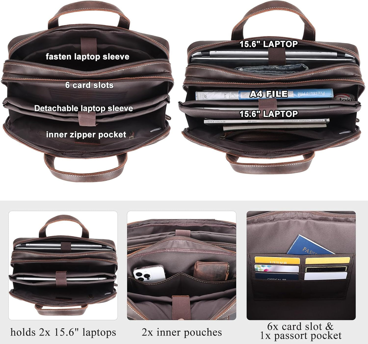 Masa Kawa Leather Briefcase for Men 15.6", 17" Laptop Computer Case Business Travel Work Messenger Cross Body Shoulder Bag