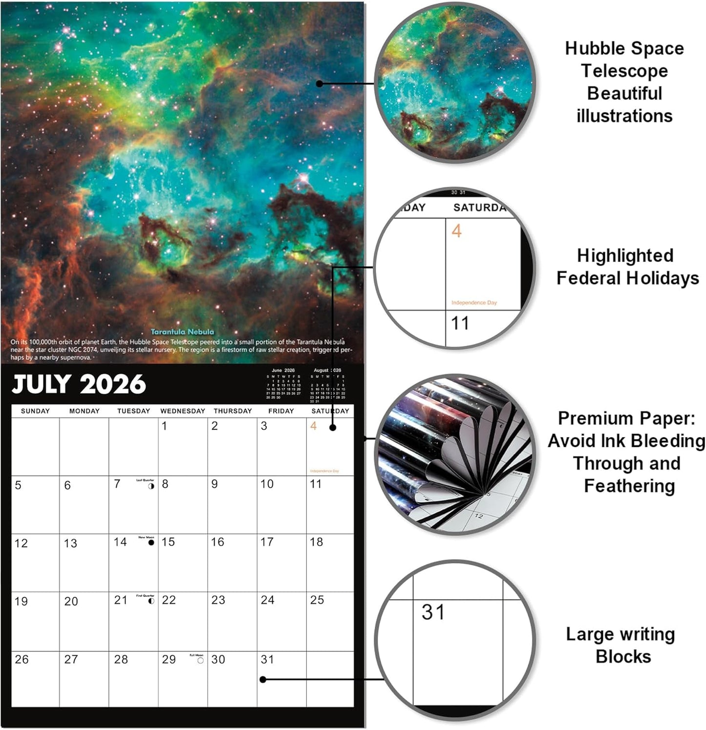 2026 Wall Calendar - Hubble Telescope Wall Calendar 2026, January 2026 - December 2026, 12" x 24" (Open), Hanging Hook, Blocks and Holidays - Stunning Hubble Discoveries