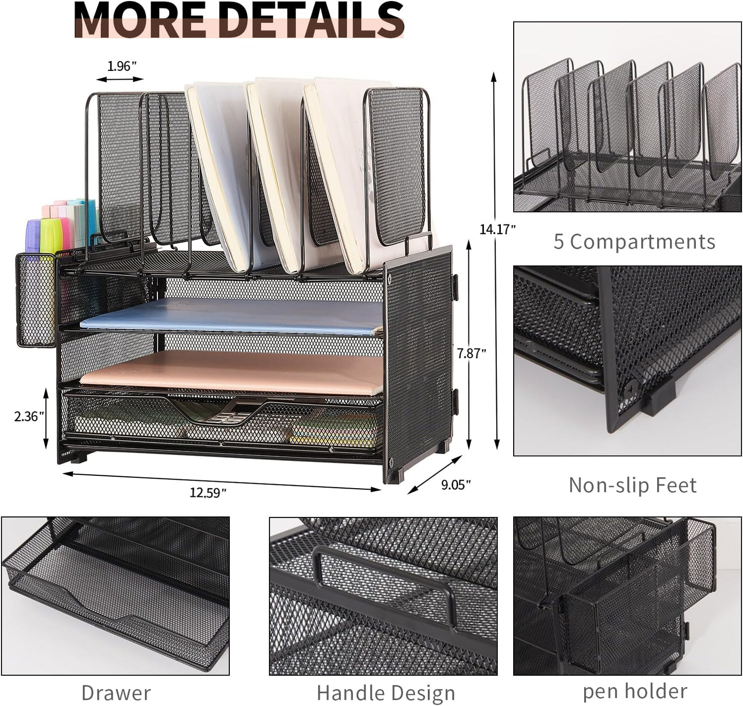 Desk Organizers and Accessories, 3-Tier Paper Organizer with 5 Vertical File Holders, File Organizer for Desk (Black With Drawer, 3T With Drawer)