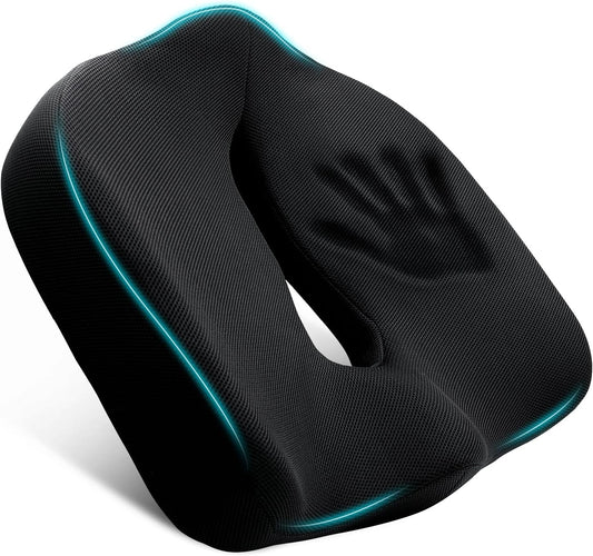 Ergonomic Memory Foam Seat Cushion for Office Chair, Extra Large Pad with U-Shaped Design for Pressure Relief, Coccyx Sciatica & Back Pain Relief, for Home, Car Long Sitting (Black/Gray)