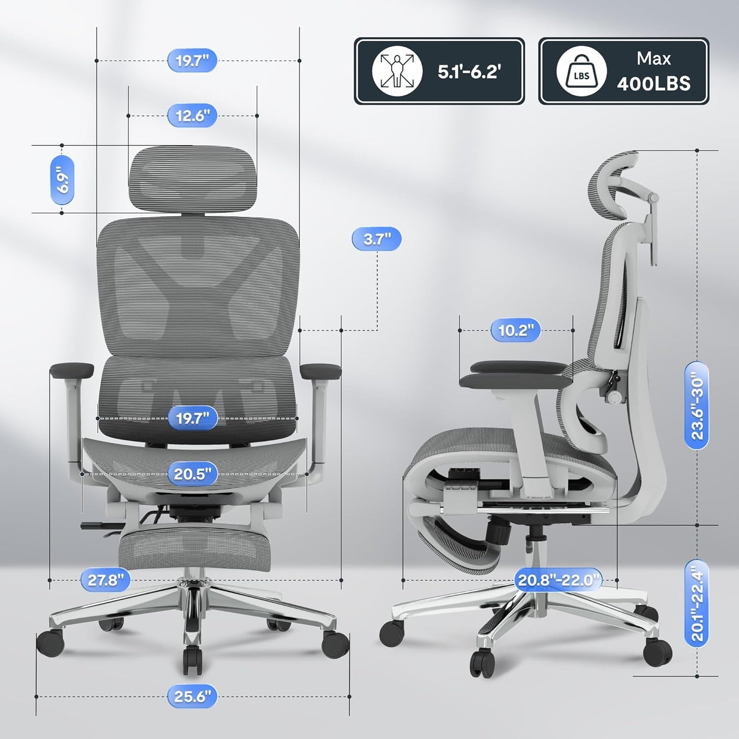 FLEXISPOT ErgoX Premium Ergonomic Office Chair with Footrest- Adjustable 3D Armrests, Dynamic Lumbar Support, Recline & Tilt Function, Mesh Seat, for Home & Office Use,Light Grey