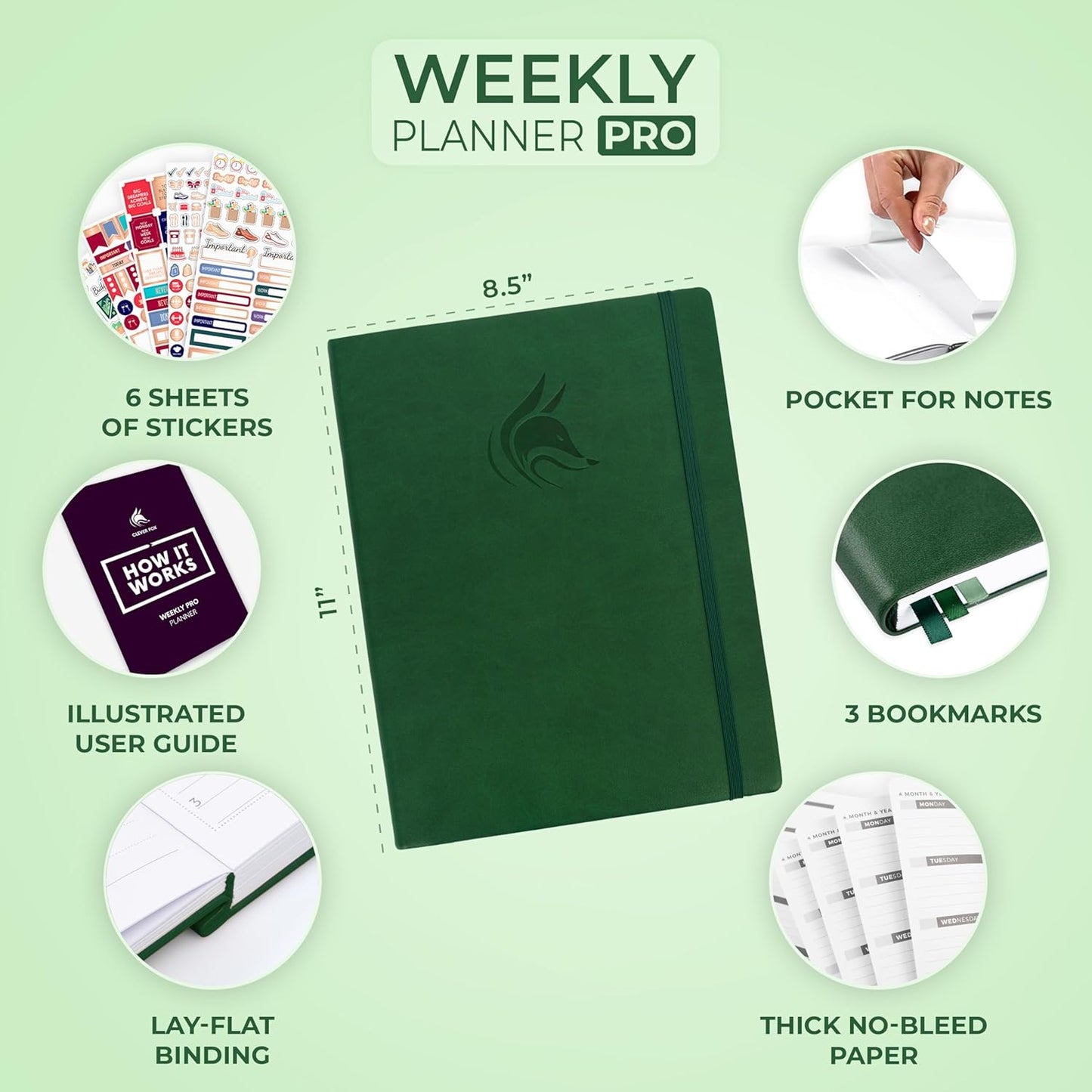 Clever Fox Planner PRO – Weekly & Monthly Life Planner to Increase Productivity, Time Management and Hit Your Goals, 8.5x11″ (Forest Green)