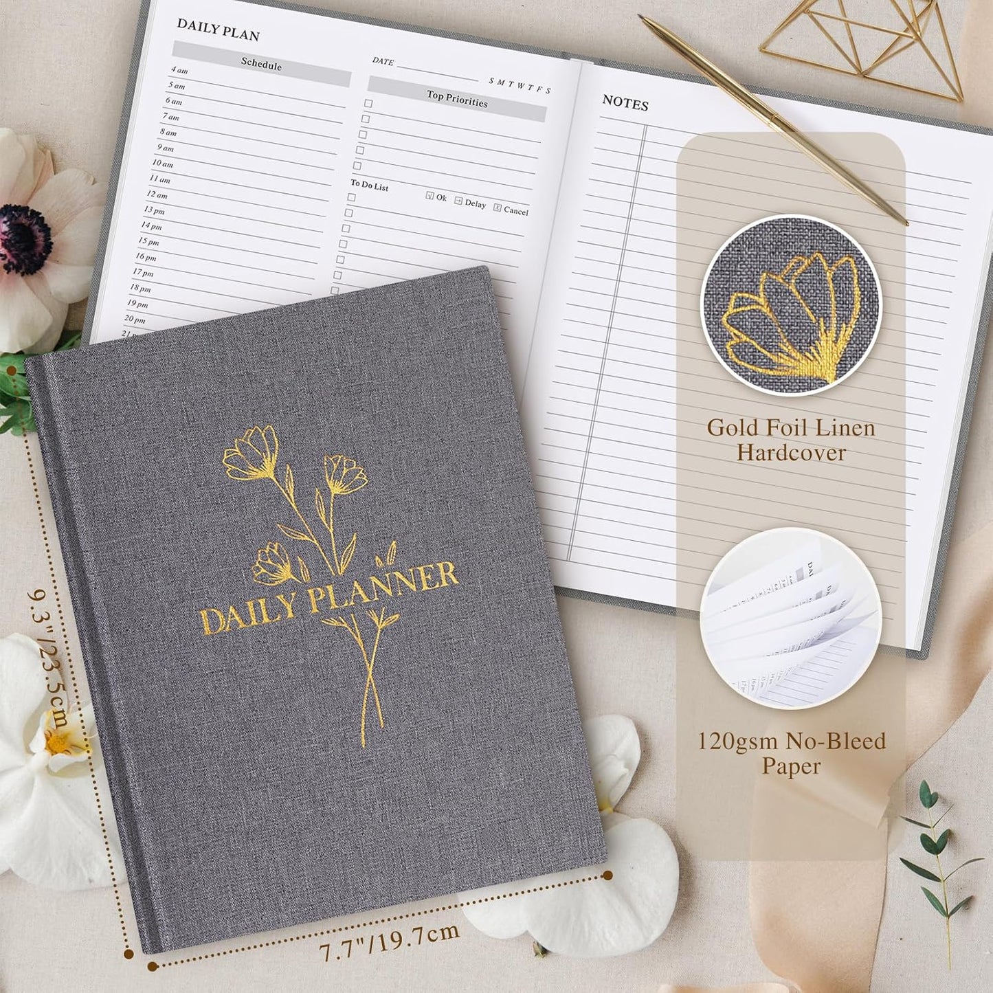 Lanpn Undated Daily Planner Hourly Schedule Notebook, 196 Pages 2 Page per Day To Do List Notebook Notepad Appointment Work Planner, Hardcover Daily Journal Organizer Book For Women 7.7" x 9.3" Grey