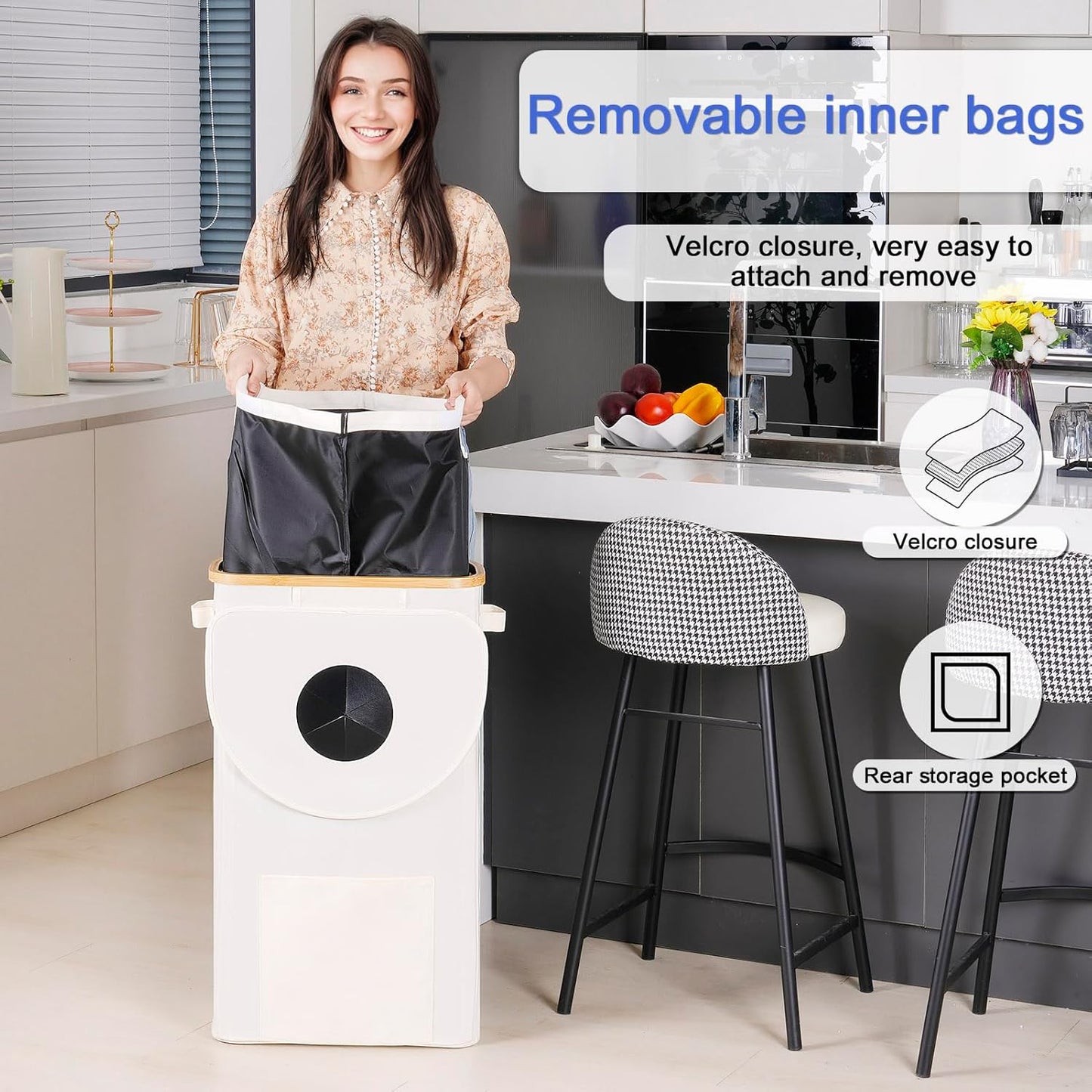 Efluky Recycling Bin 100L, 26 Gallon, Beige, D-Shaped, Oxford Fabric, 17.32"L x 12.9"W x 11.46"H, 2 Removable Inner Bags, Lightweight, Open-Top, Cycling, Kitchen