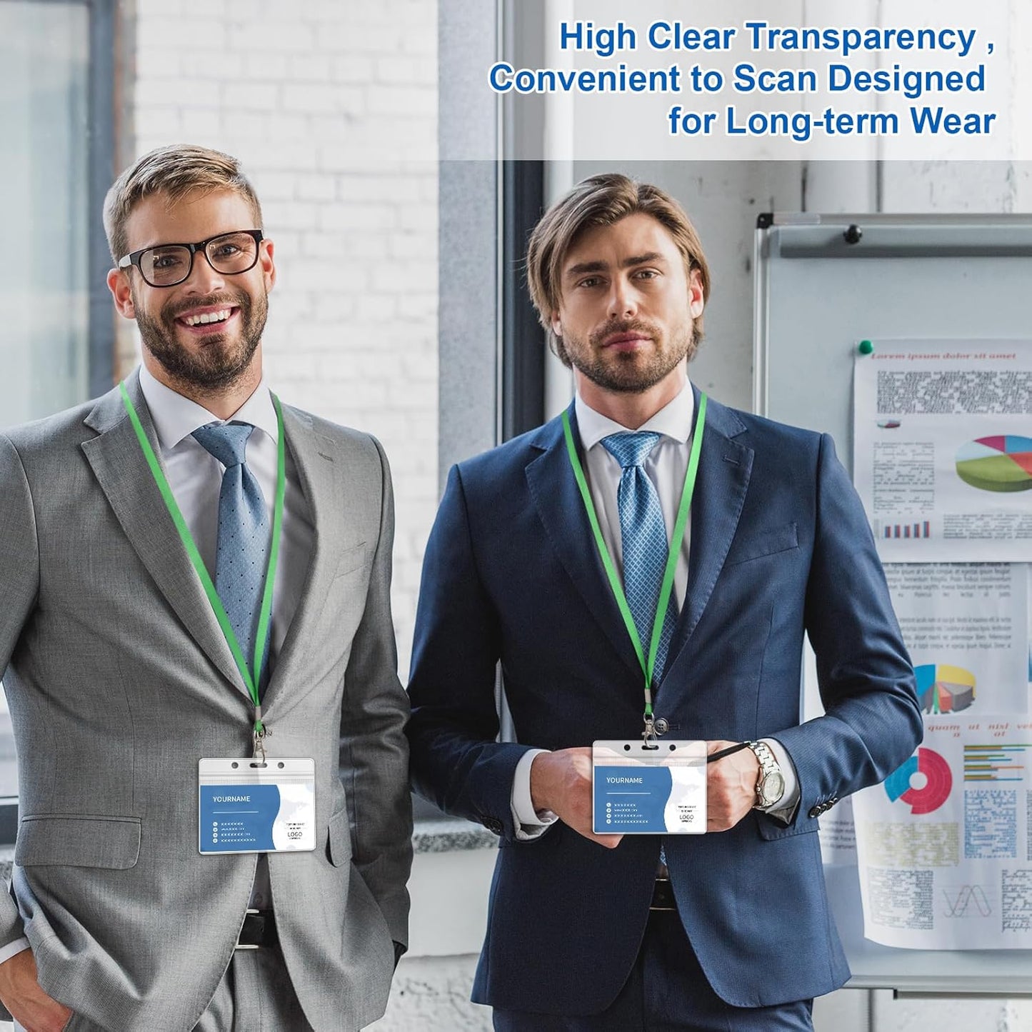 100 Pack Lanyards for ID Badges with Clear Name Tags, Reusable Lanyards Horizontal ID Card Badge Holders Plastic Name Badges for Men Women Kids Business School and Office Supplies (Green)