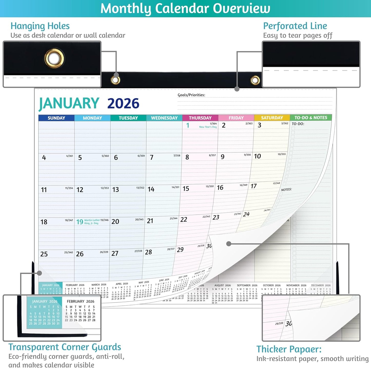2026 Desk Calendar – Large Desk Calendar 2026, 22'' x 17'', Jan 2026 – Dec 2026, 2026 Desk/Wall Calendar with Desk Pad, To-do Lists, Ruled Blocks, Corner Protectors, Lay Flat ＆ Not Rolled