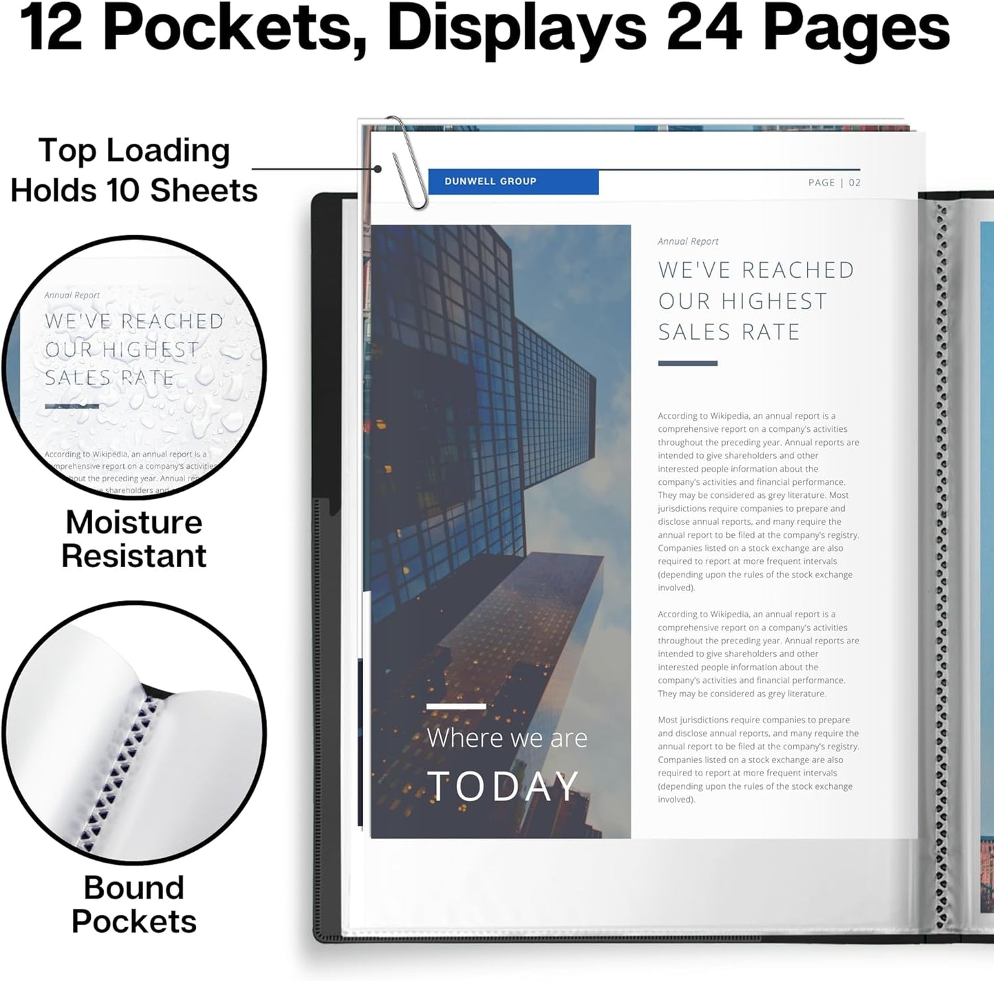Dunwell Presentation Binder 12-Pocket, Displays 24 Pages, 8.5x11 Portfolio Binder with Plastic Sleeves, Storage and Organizer for Documents, Certificates, Projects, Photos (12 Pack, Black)