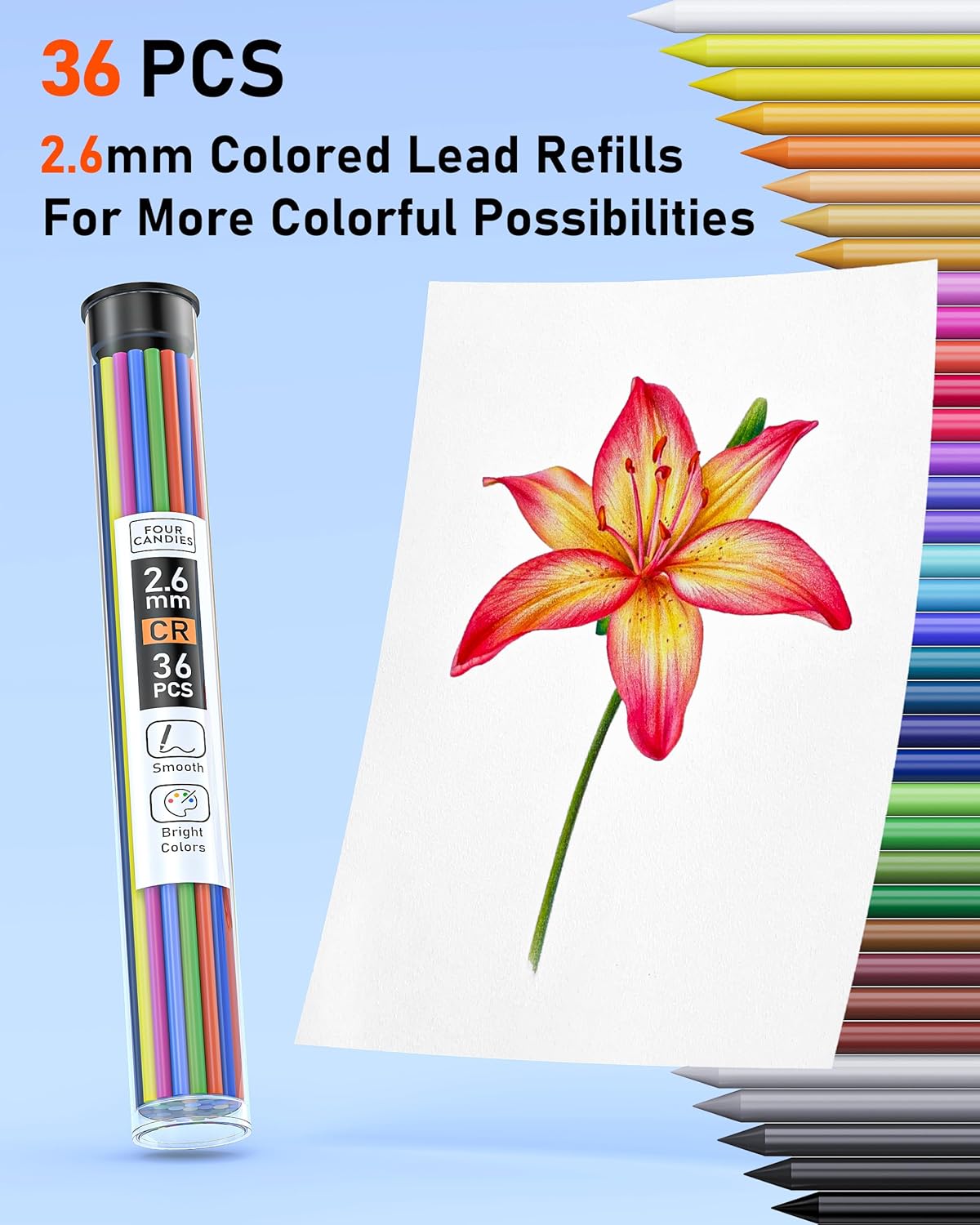 Four Candies 2.6MM Color Lead, Mechanical Colored Pencils Leads, 36 Color Pencils Refills, Assorted Colored Leads 72 PCS