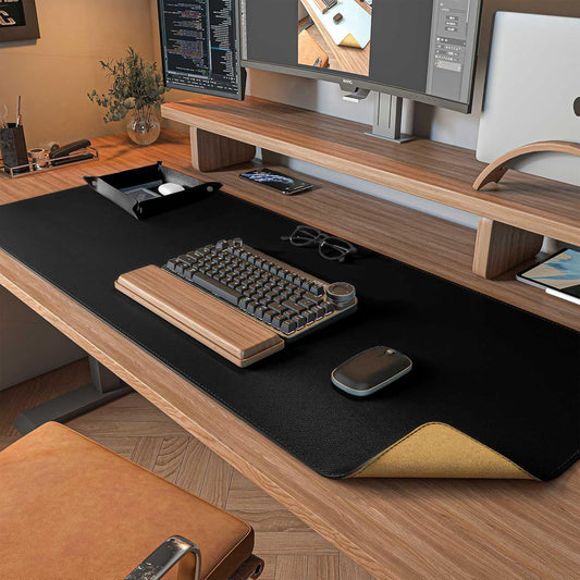 DAWNTREES Dual Sided Desk Mat,Leather Desk Pad,Black 35.5"x17",Cork Desk Mat Protector,with PU Leather Valet Tray Organizer,Large Mouse Pad,Desk Writing Pad for Office and Home