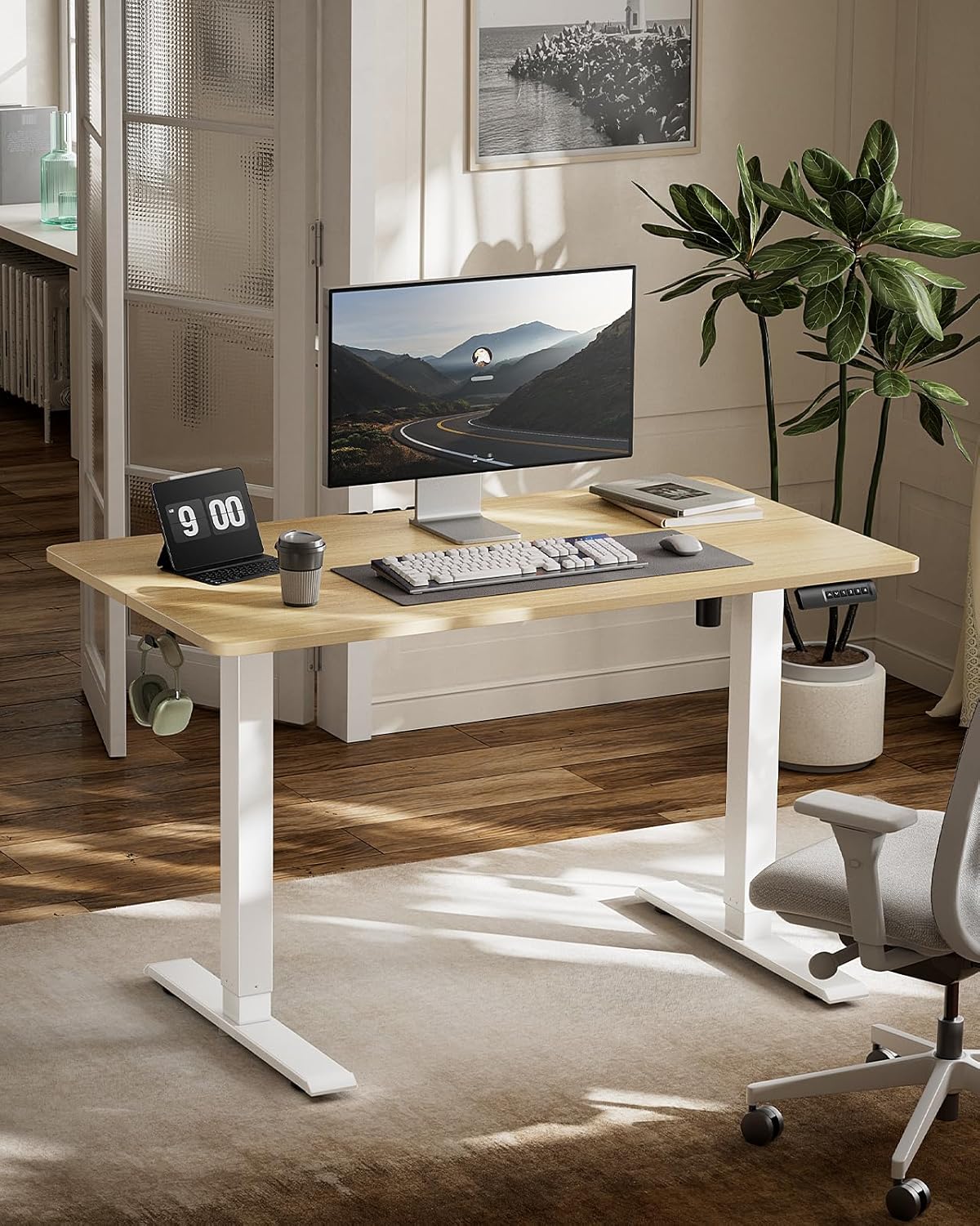 Marsail Electric Standing Desk, Adjustable Height Stand up Desk, 55 x 24 Inches Sit Stand Home Office Desk, Computer Desk, Maple