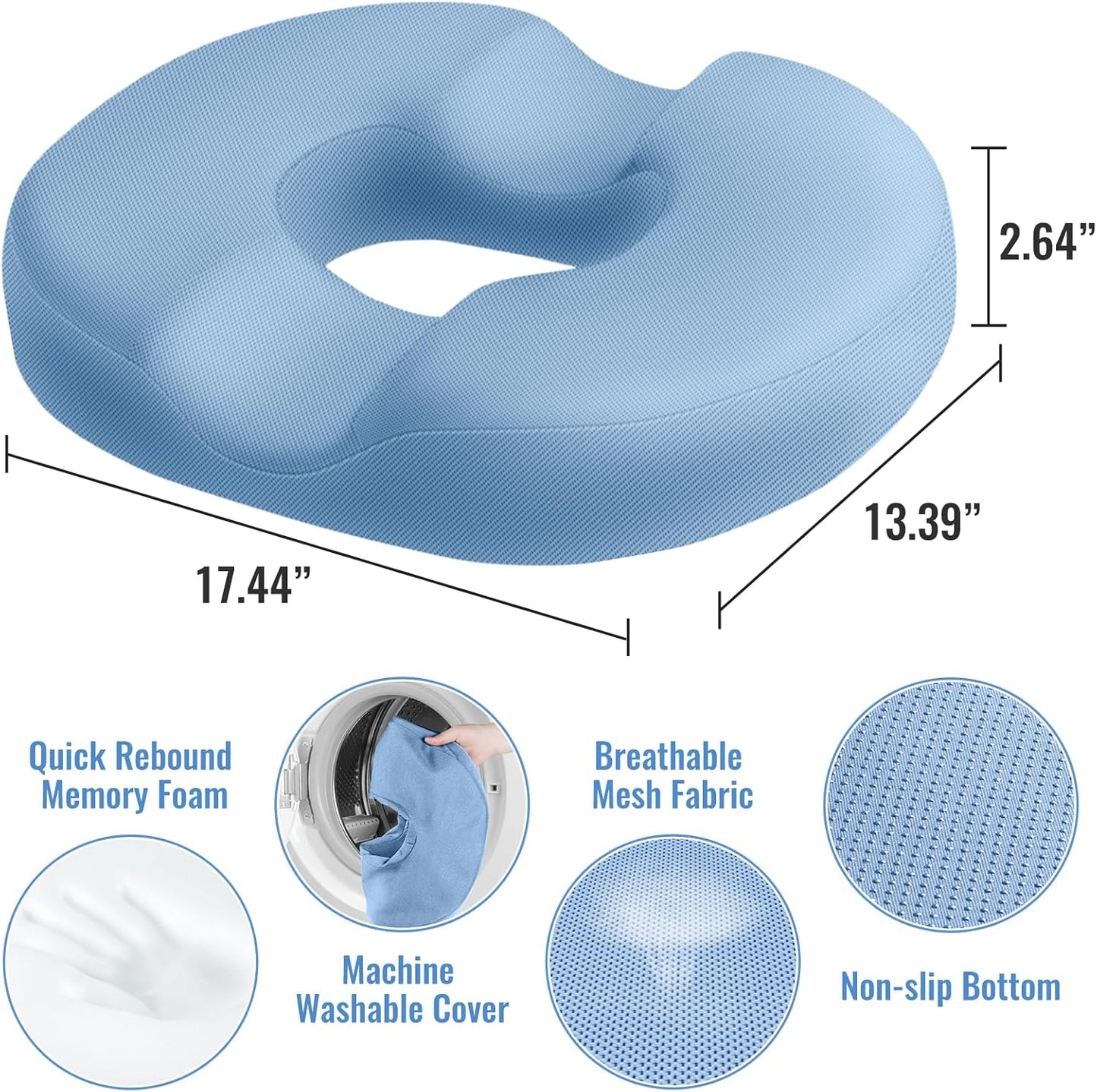 CloudBliss Donut Pillow Seat Cushion Chair Pad for Tailbone Pain Relief and Hemorrhoids, Memory Foam Seat Chair Cushion for Men and Women for Home & Office, (Light Blue)