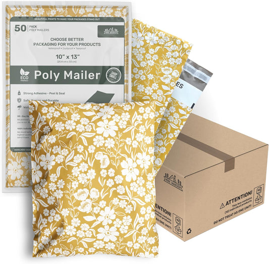 Poly Mailers 10x13 Inch 500 Pack Medium Shipping Bags Strong Thick Mailing Envelopes | Self Sealing Adhesive | Waterproof & Tear Resistant | Small Business Packaging - Floral Mustard Yellow