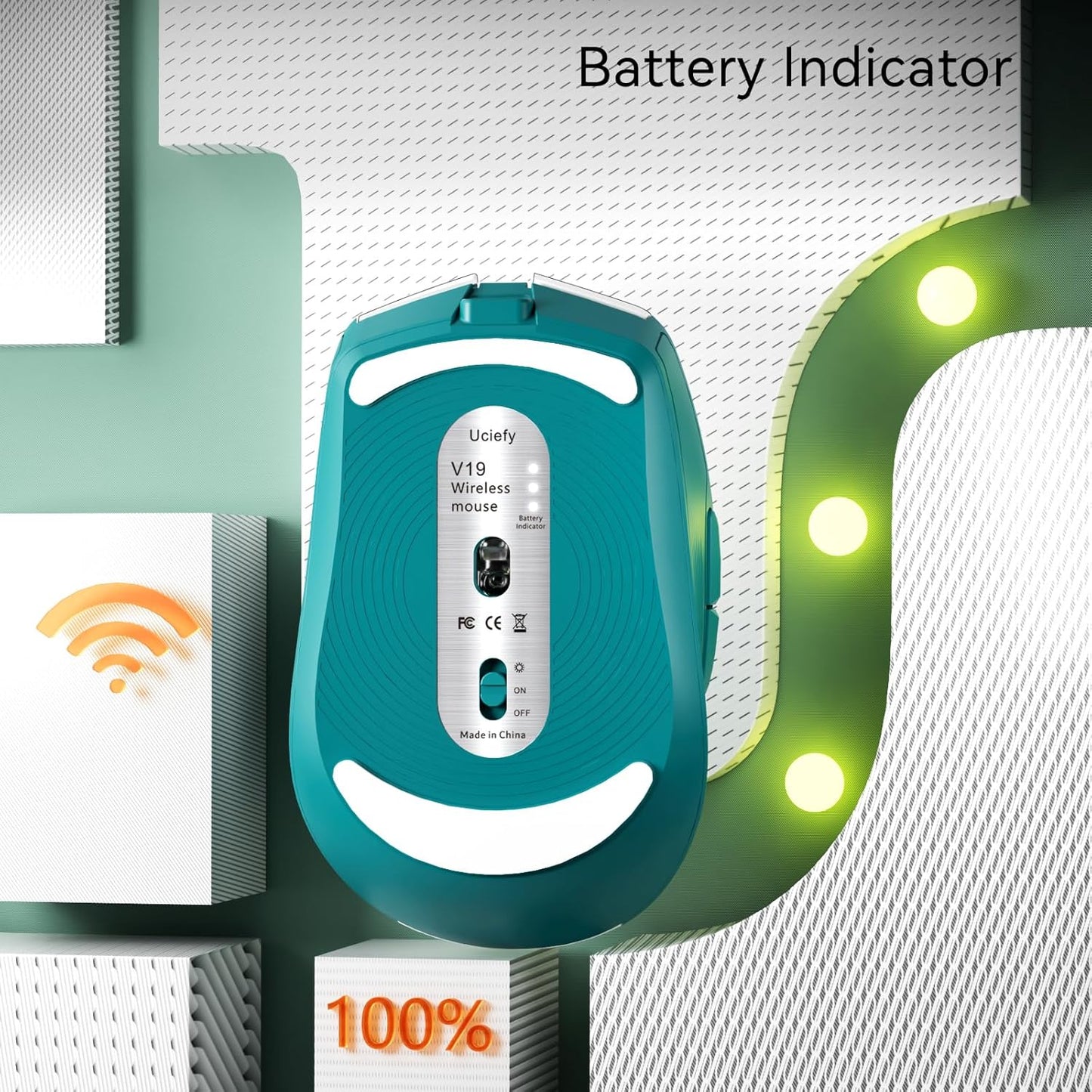 Uciefy V19 Wireless Mouse, 2.4GHz Rechargeable Mouse LED with Battery Indicator, Magnetic Computer Mice with USB Receiver & Type-C Adapter for Laptop/PC/Mac/Chromebook - Green