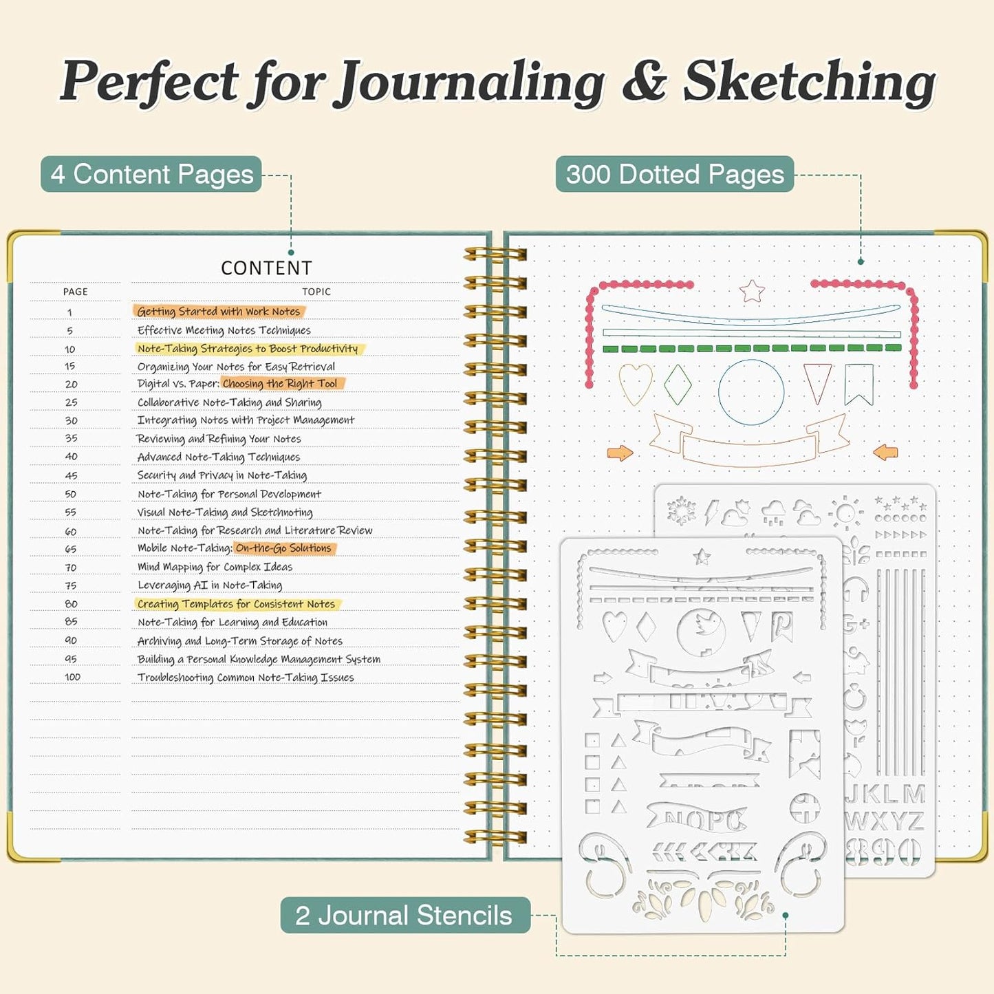 Bullet Dotted Journal Spiral Notebook, 300 Pages Leather Notebooks with Contens, 120 GSM Thick No Bleed Through Paper Journals, A4 Dot Grid Notebook for Women Men Work Writing, 8.5" x 11", Light Blue