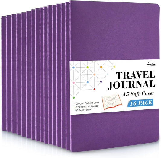 16 Pack Soft Cover Journal Bulk, Feela Lined Notebooks College Ruled for Work for Women Girl Writing, Blank Travel Journal Note Taking Notebook School Business Supplies, 8.2” x 5.5”, A5, Dark Purple