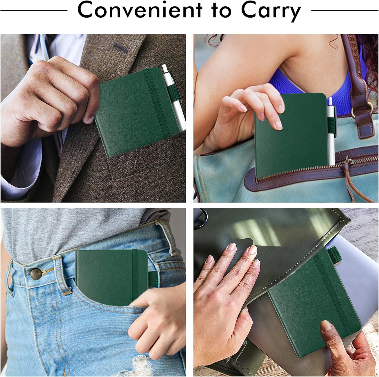 feela 15 Pack Pocket Small Notebooks Bulk, Mini Cute Notepads Hardcover College Ruled Lined Journals with Pen Holder for School Business Memos, with 15 Black Pens, 3.5”x 5.5”, A6, Dark Green