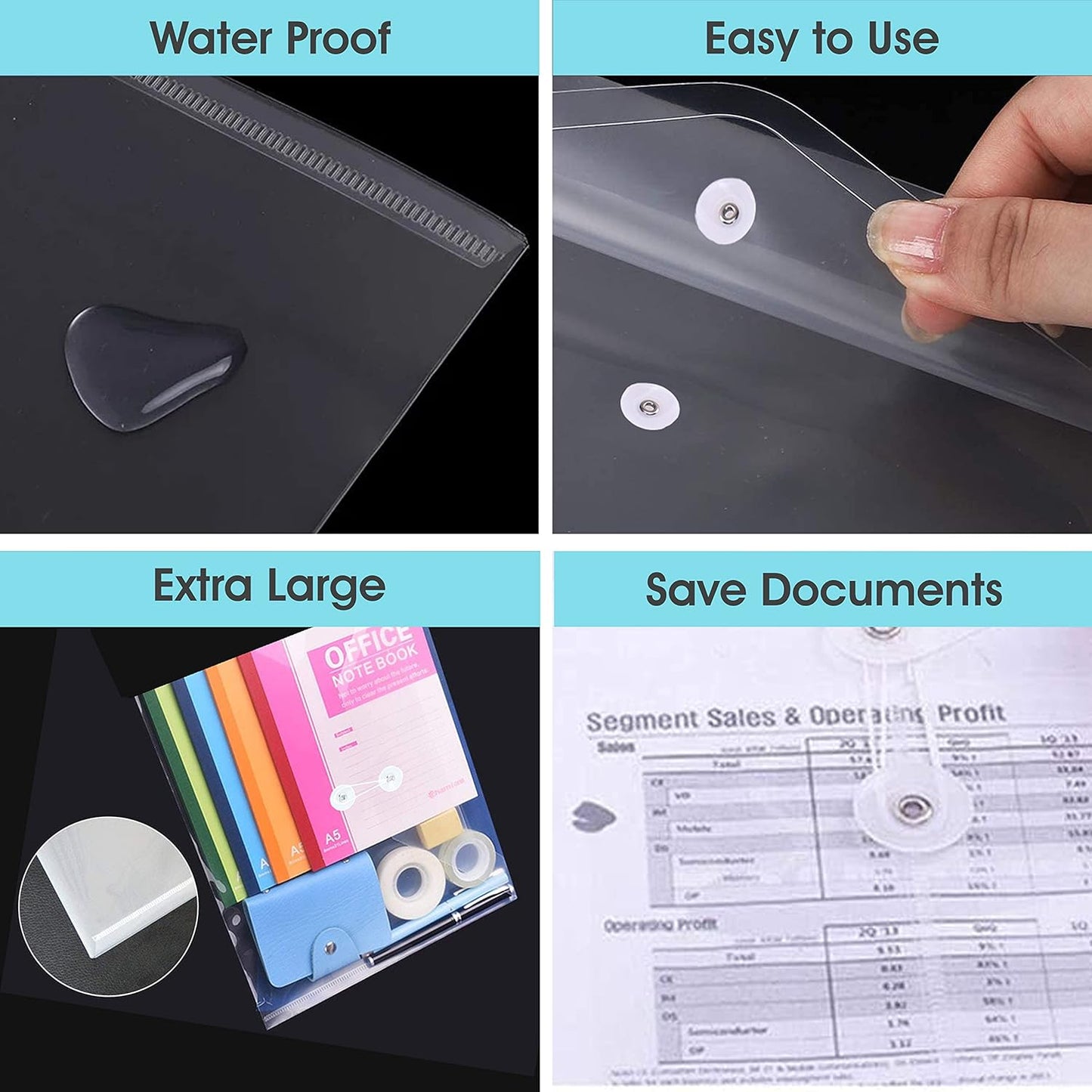 1InTheOffice Poly Envelopes Button & String Closure, Expanding Wallet, Letter Size, Clear, 10/Pack