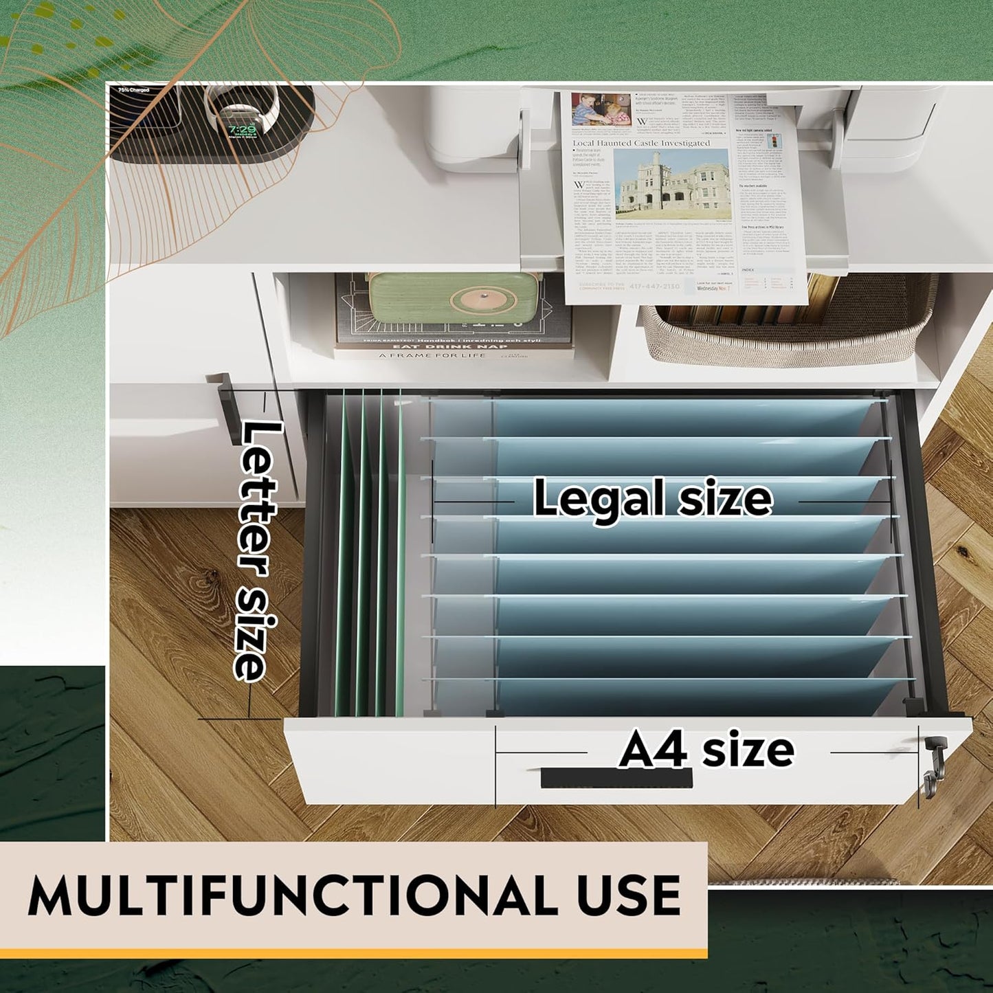 DEVAISE File Cabinet with Charging Station, 1-Drawer Lateral File Cabinets with Lock for Home Office, Wooden Rolling Printer Stand with Shelves, White