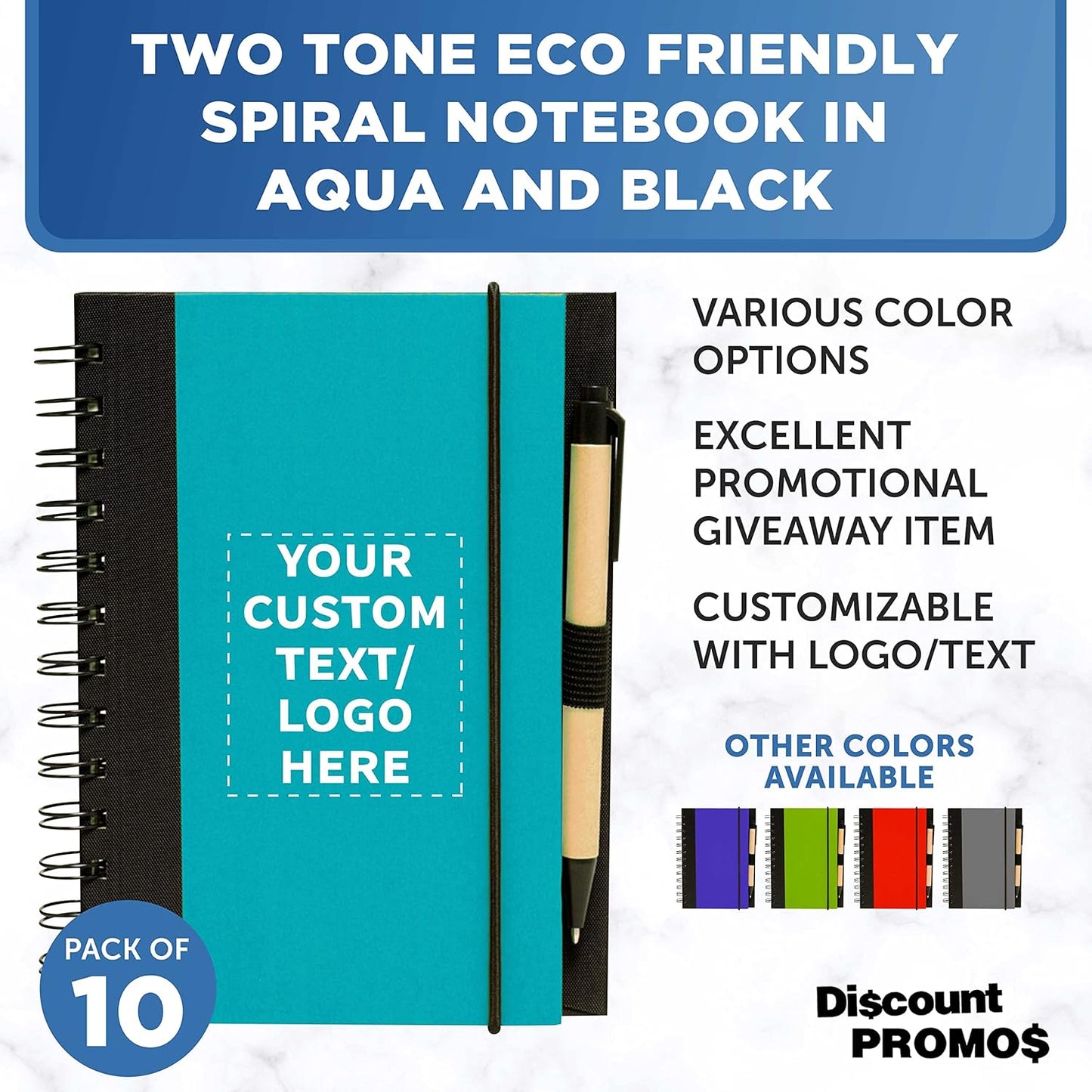 DISCOUNT PROMOS Custom Eco Block Notebooks with Pens Set of 10, Personalized Bulk Pack - Perfect for School, Office, Business, Home - Aqua