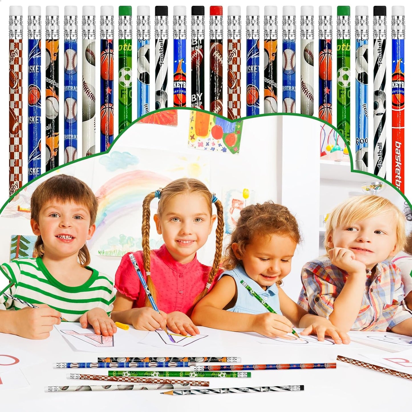 Cinrobiye 96 Pcs Sports Pencils Bulk, Basketball Football Baseball Scoeer Wood Pencils with Erasers Sports for School Prizes Classroom Exchange Gifts Party Favors Supplies, Stationary Gifts