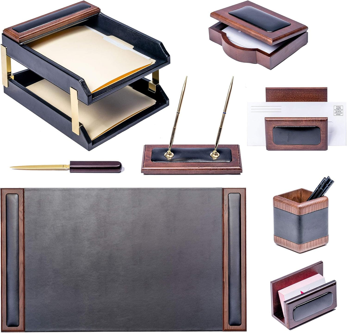 Dacasso Walnut and Black Leather Desk Set, 10-Piece, 34" x 20"