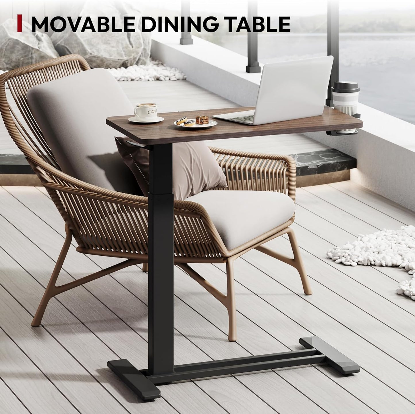 SANODESK Mobile Standing Desk with Hidden Wheels,Pneumatic Laptop Desk Rolling Computer Cart Movable Height Adjustable Small Sit Stand Desk for Home Office(27.6" W x 15.7" D, Maple)