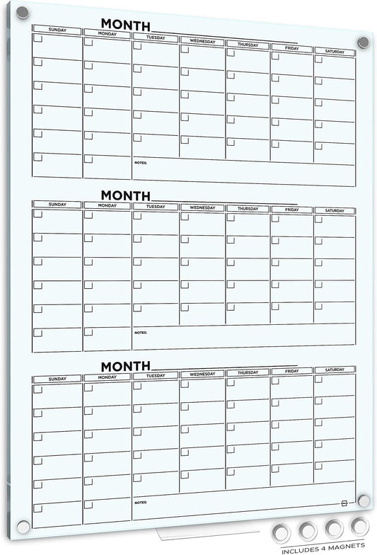 Glass Whiteboard Calendar 34x46” Quarterly Planner White Board Dry Erase Board 3 Month for Wall Glass Whiteboard Home Office Large Wall Calendar 2025 & Marker Tray
